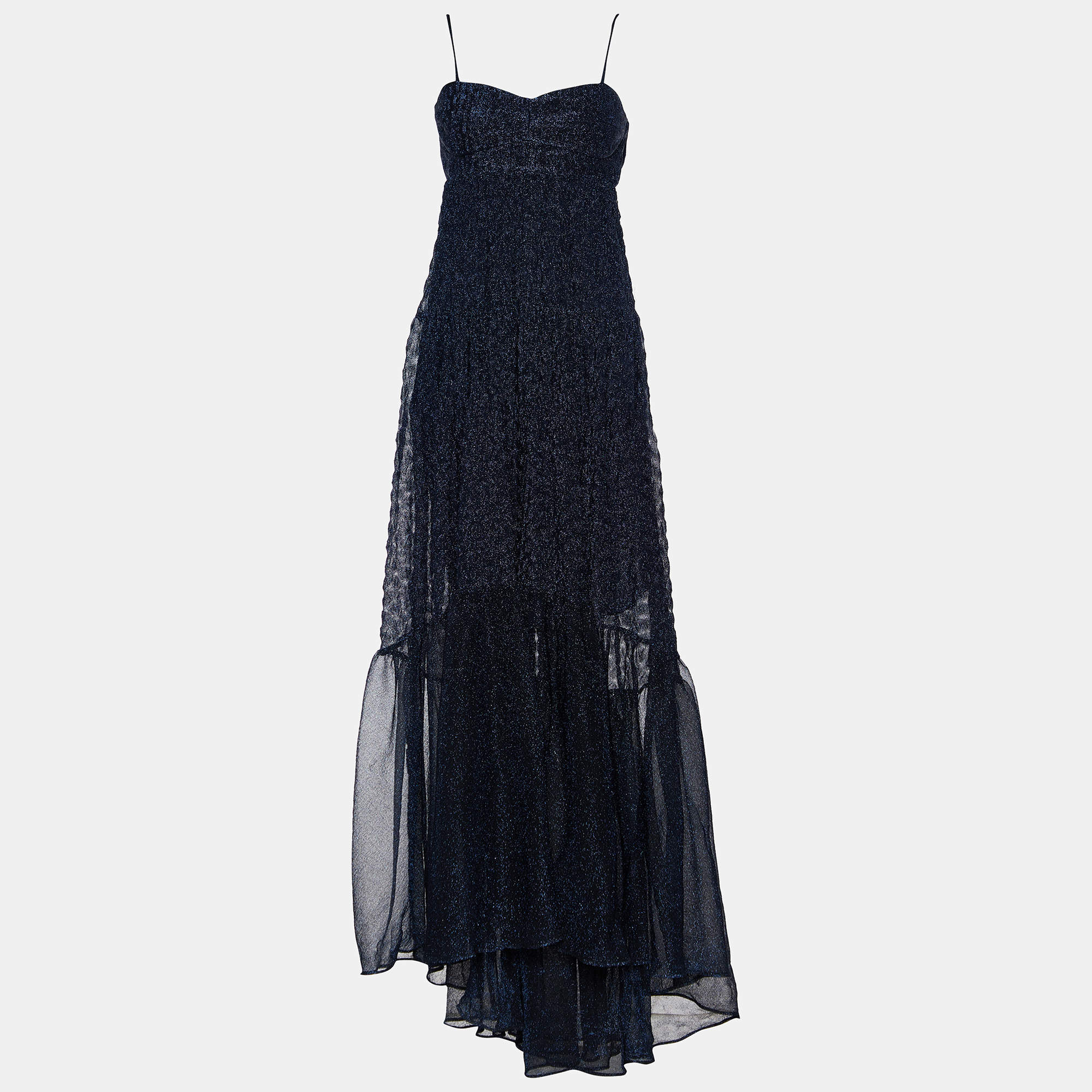 Pre Owned Missoni Navy Blue Lamé Knit High-Low Maxi Dress M