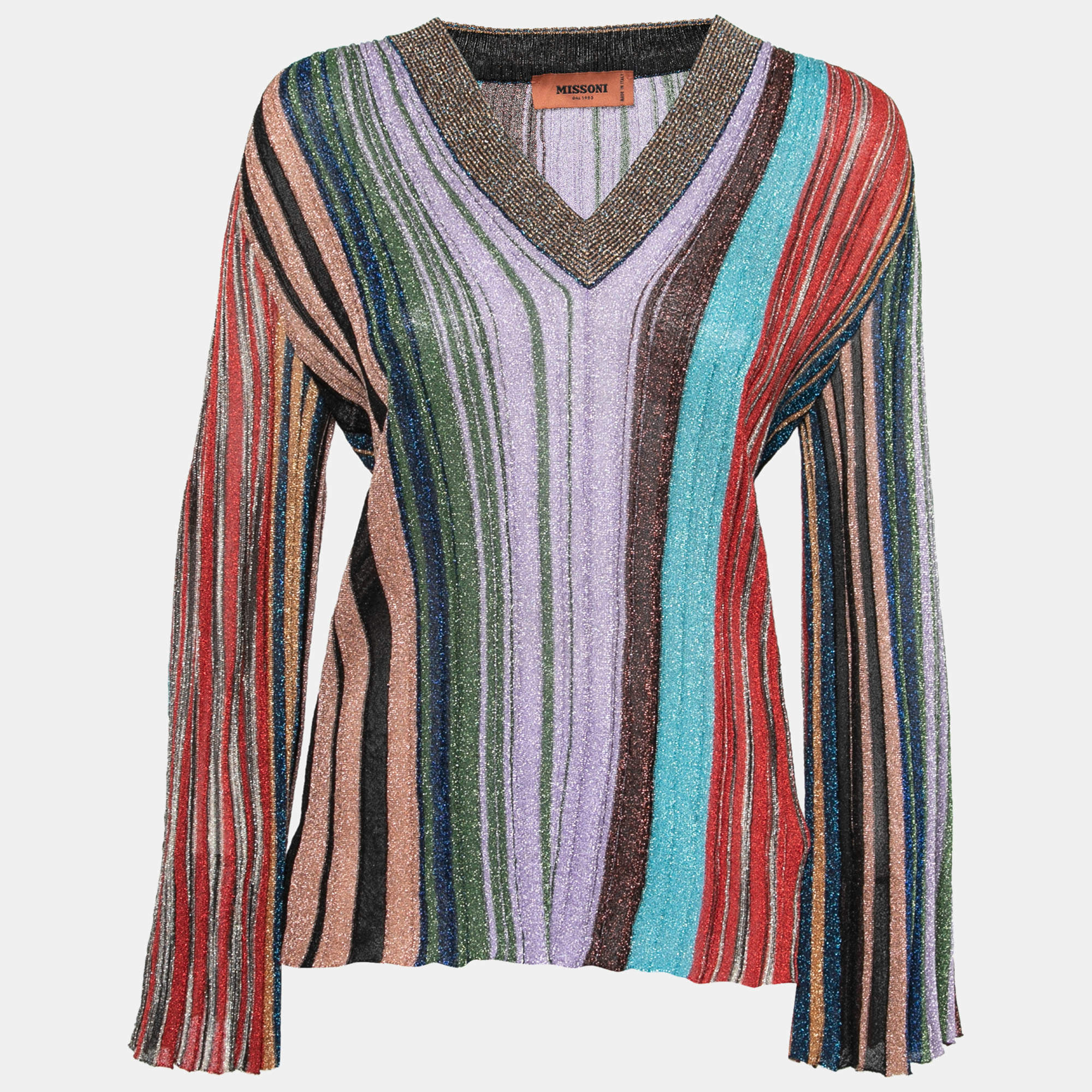 Pre Owned Missoni Multicolor Striped Knit V-Neck Long Sleeve Blouse M