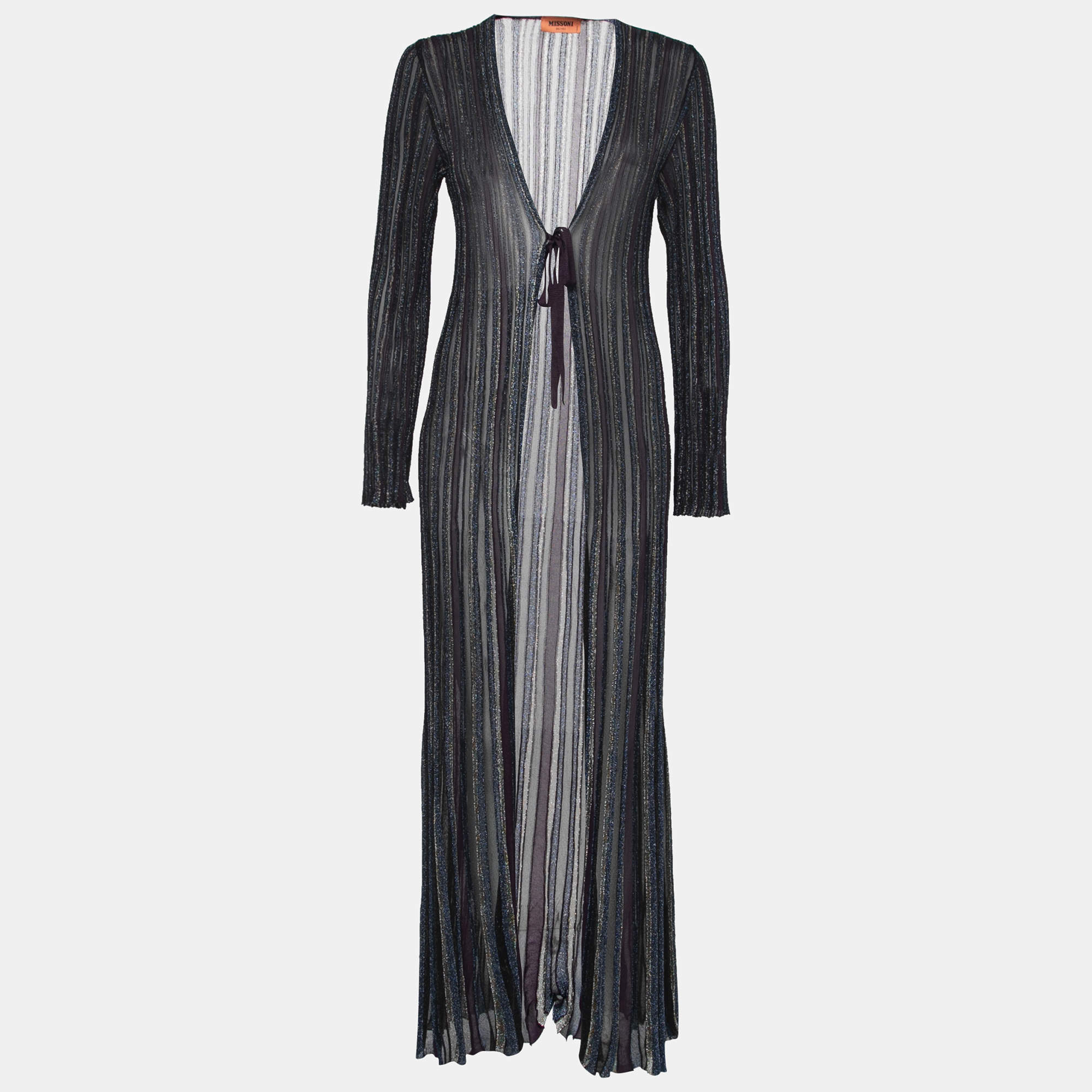 Pre Owned Missoni Multicolor Striped Lurex Knit Front-Tie Long Cardigan S