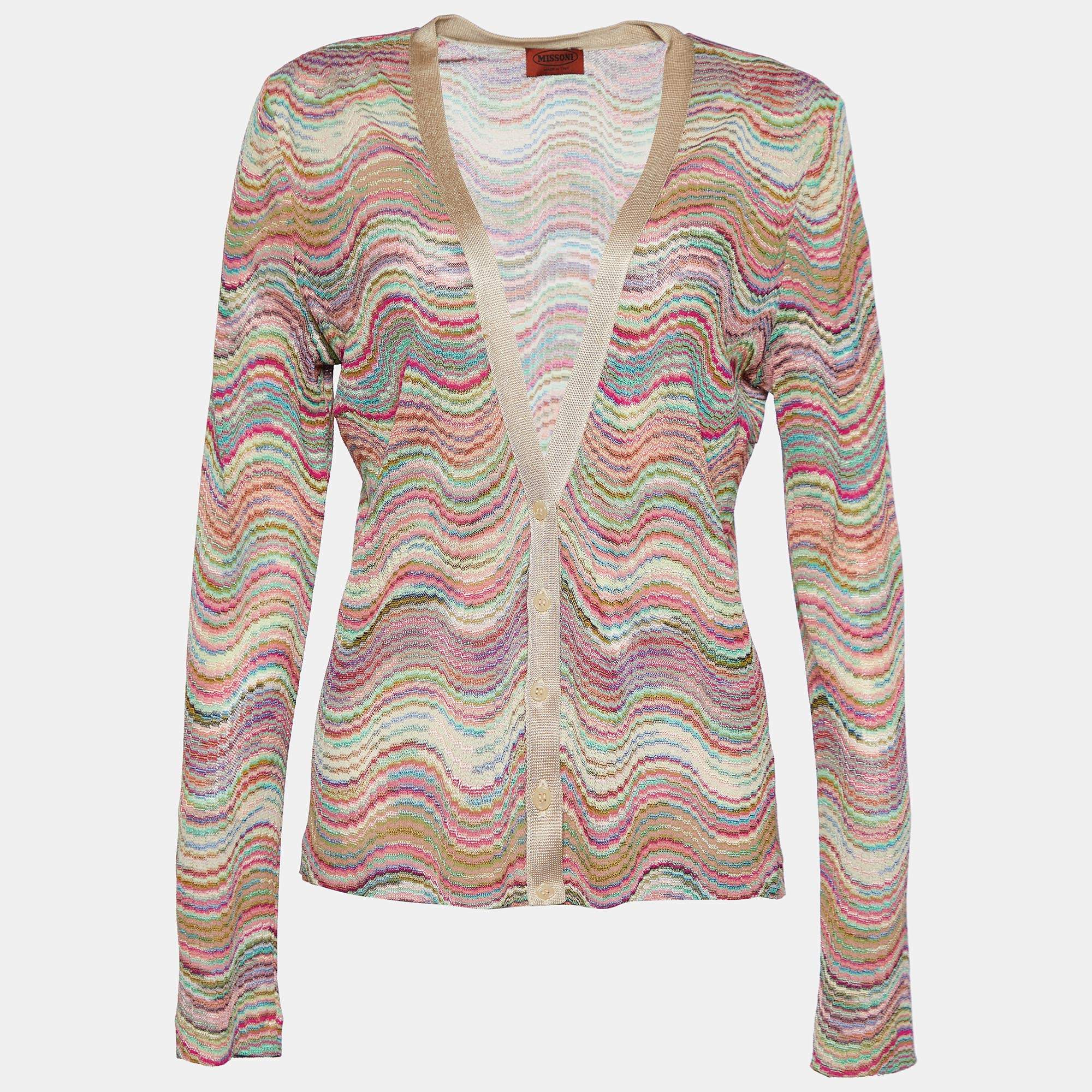 Pre Owned Missoni Beige Zig Zag Knit Button Front Cardigan L
