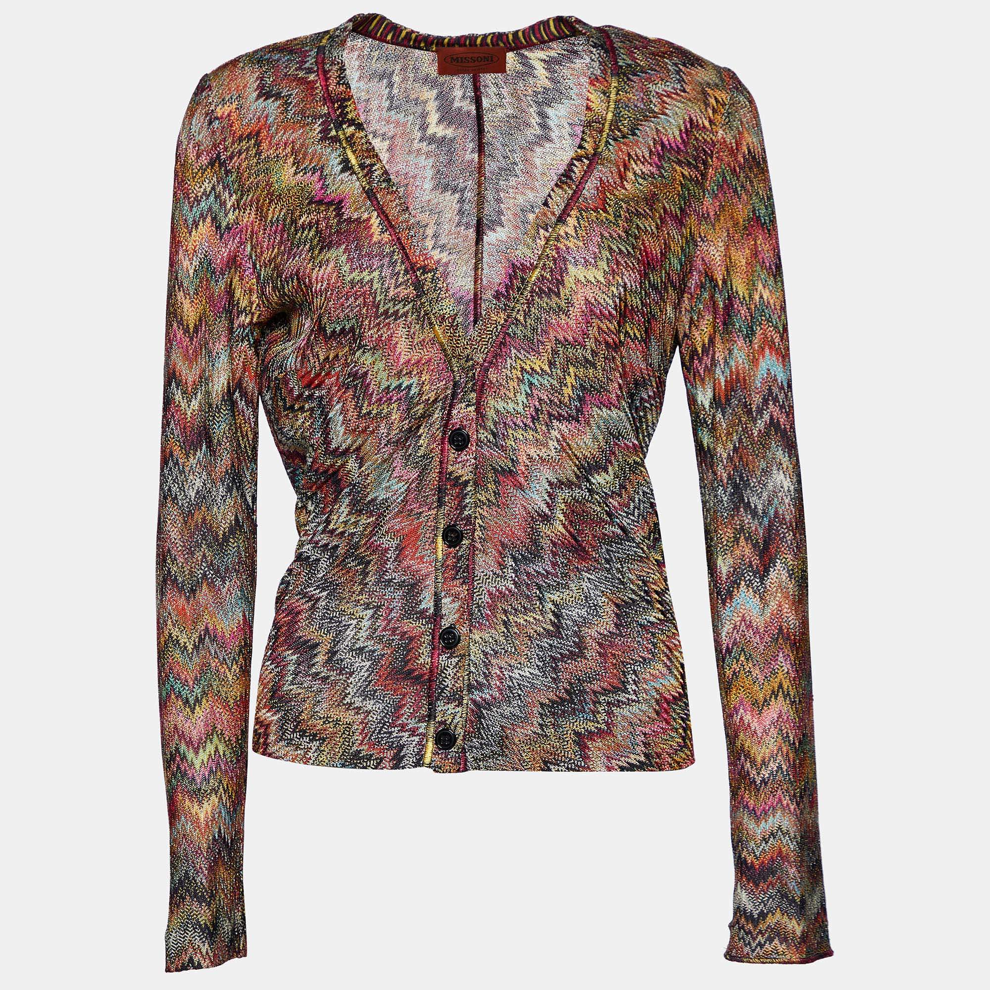 Pre Owned Missoni Multicolor Zig Zag Knit Button Front Cardigan L