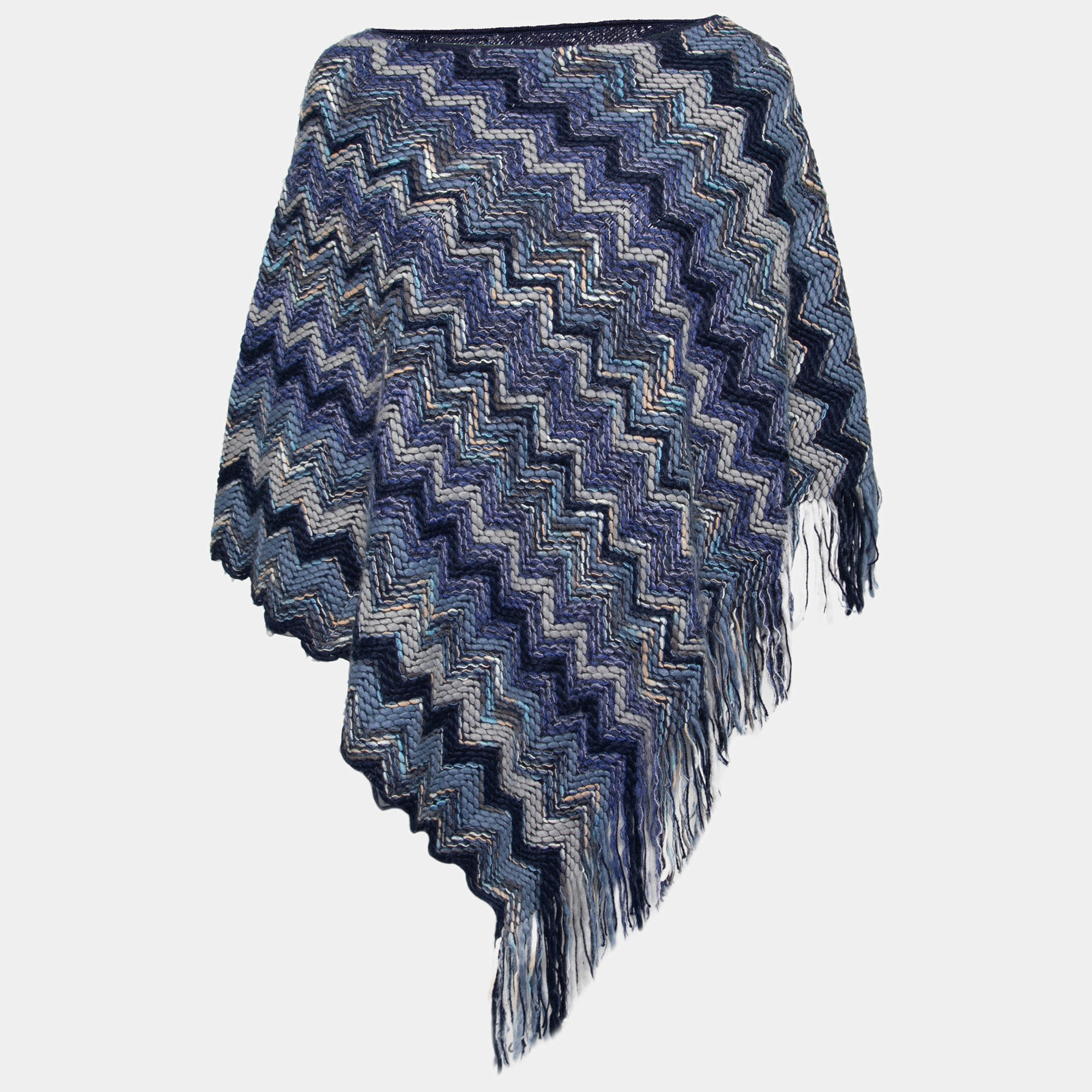 Pre Owned Missoni Blue Crochet Knit Fringed Poncho ( One Size )