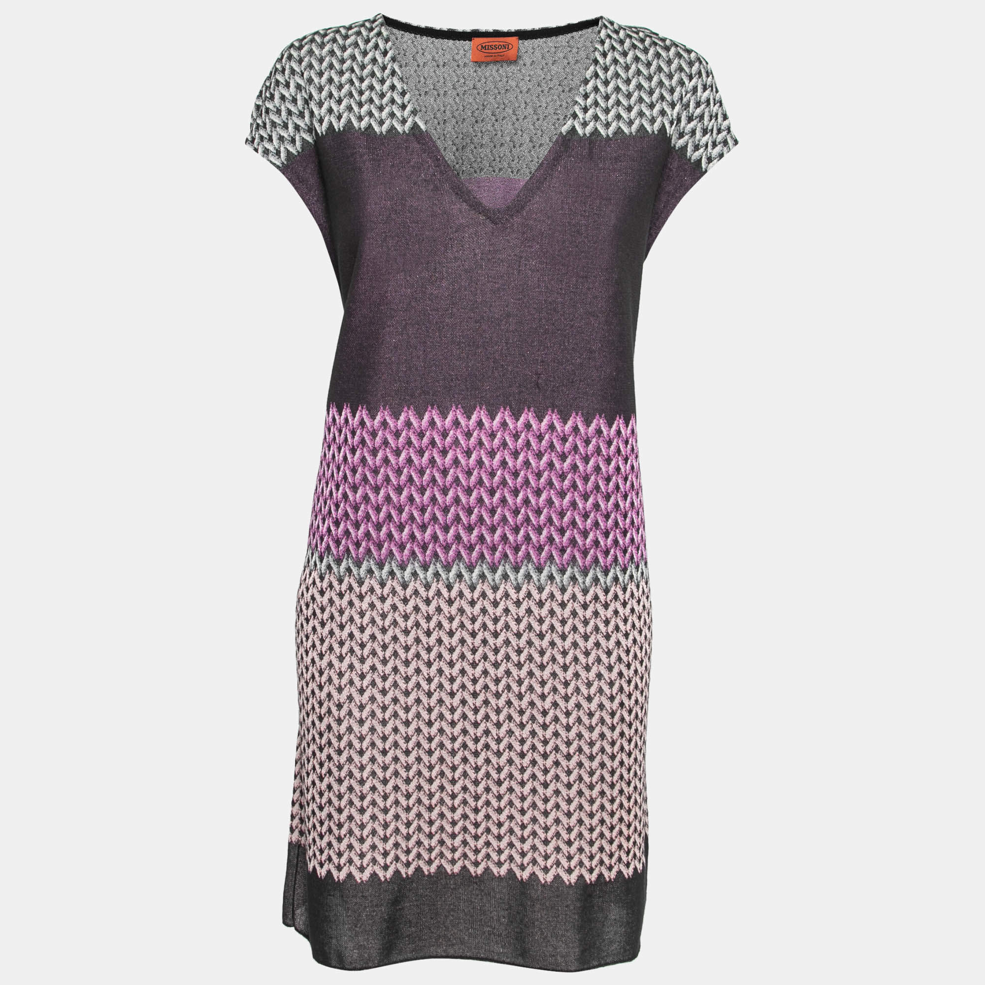 Pre Owned Missoni Black Multicolor Patterned Knit V-Neck Mini Dress L