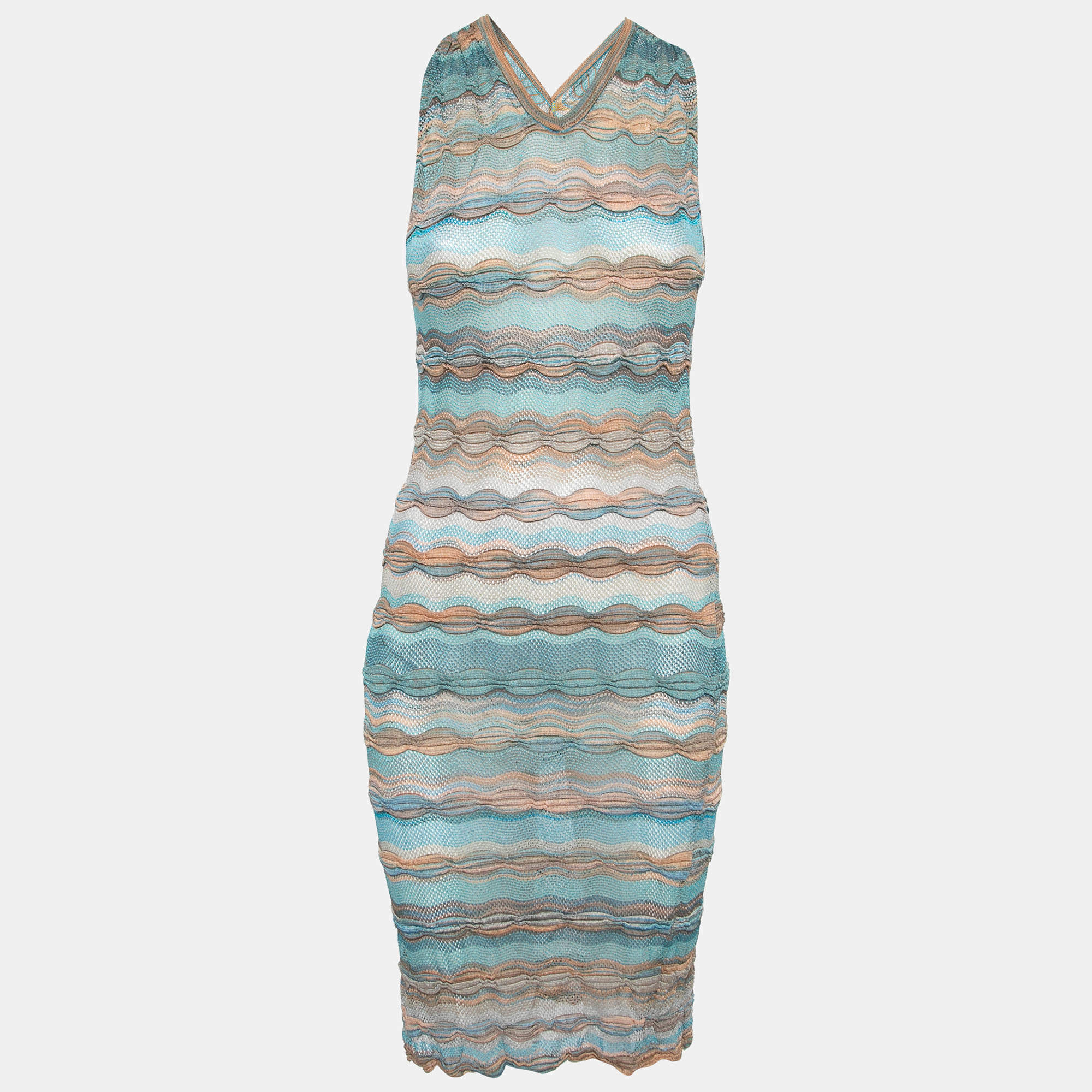 Pre Owned Missoni Blue Patterned Perforated-Knit Mini Dress S