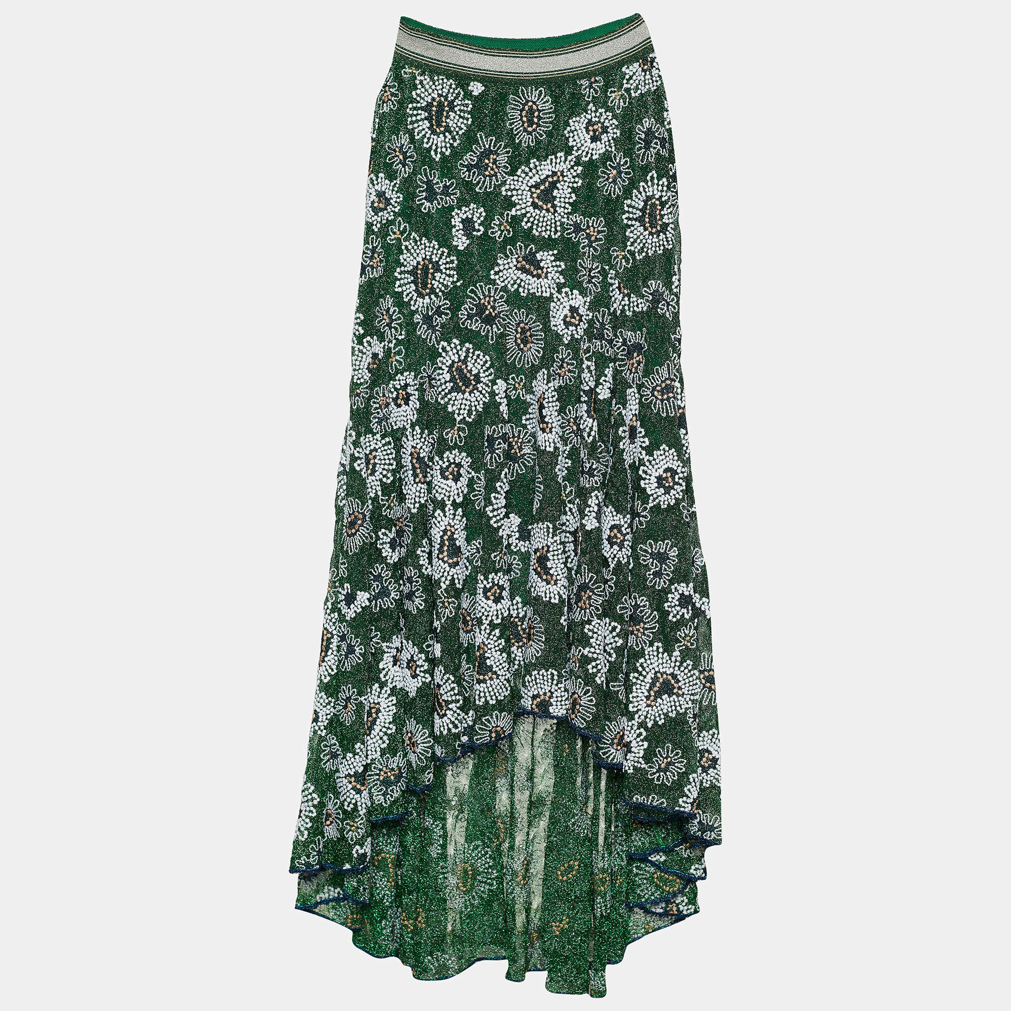 Pre Owned Missoni Green Floral Embroidered Tinsel High Low Skirt S