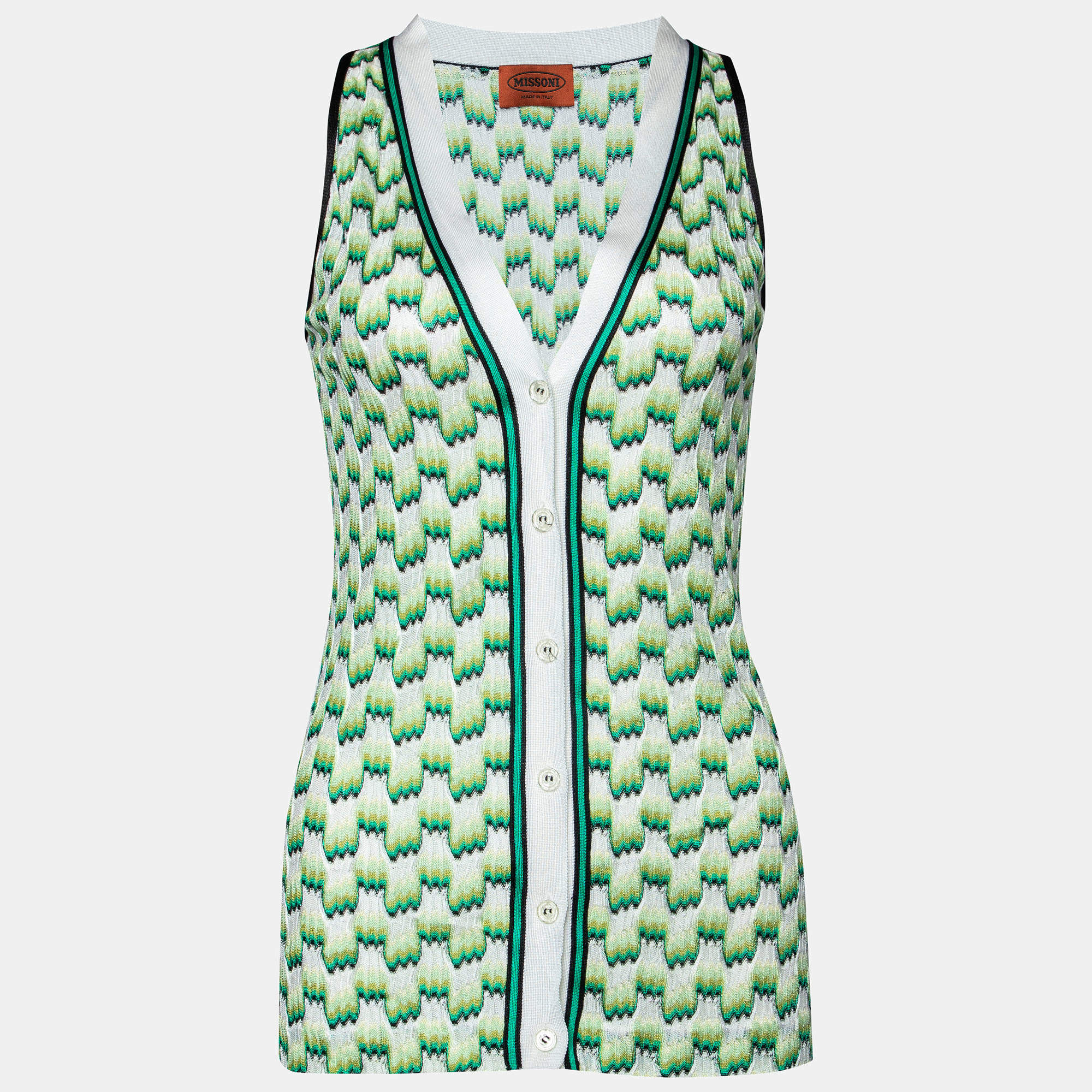 Pre Owned Missoni Green patterned Knit Sleeveless Cardigan S
