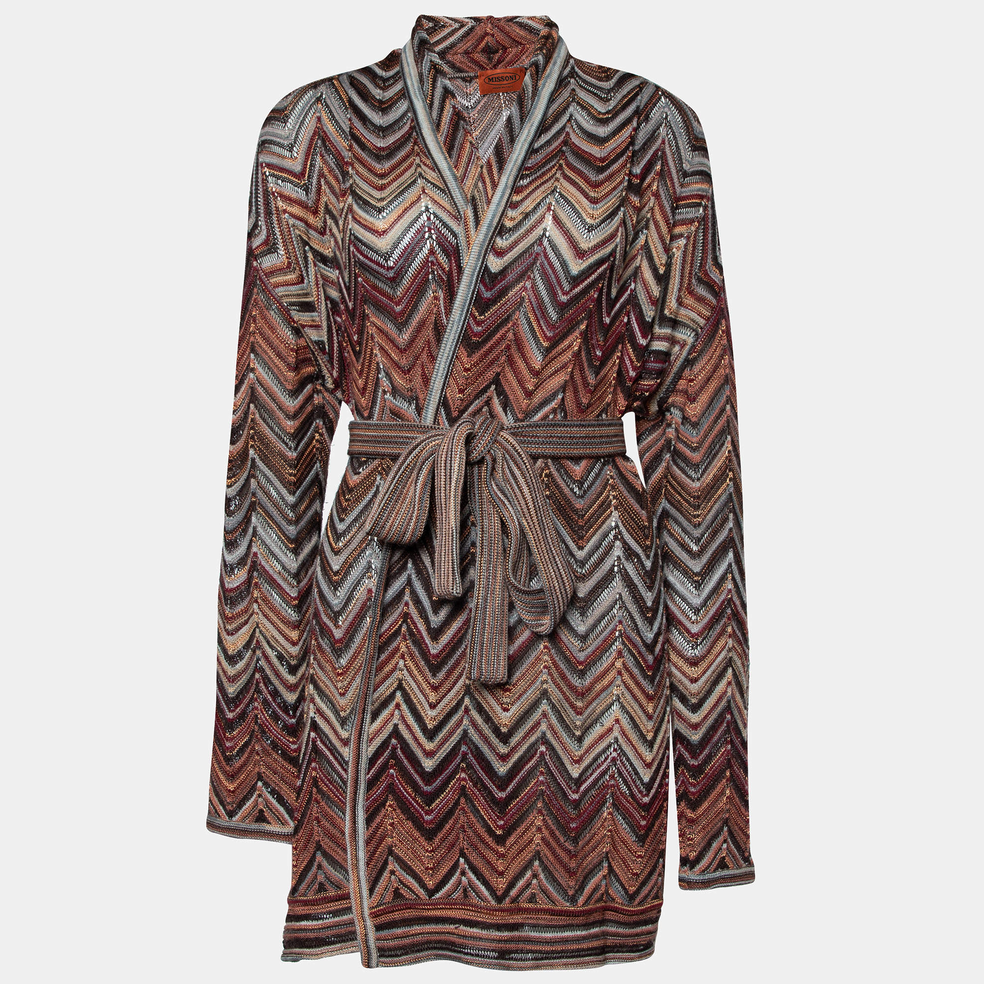 Pre Owned Missoni Brown Patterned Knit Belted Cardigan M