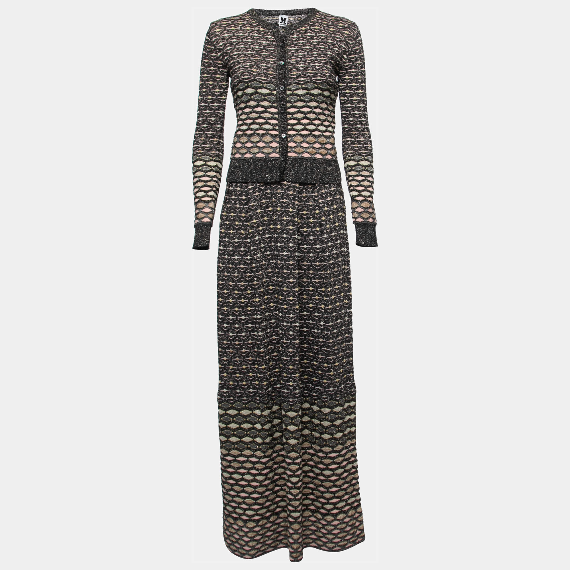 Pre Owned Missoni Multicolor Patterned Lurex Knit Maxi Dress & Cardigan Set M