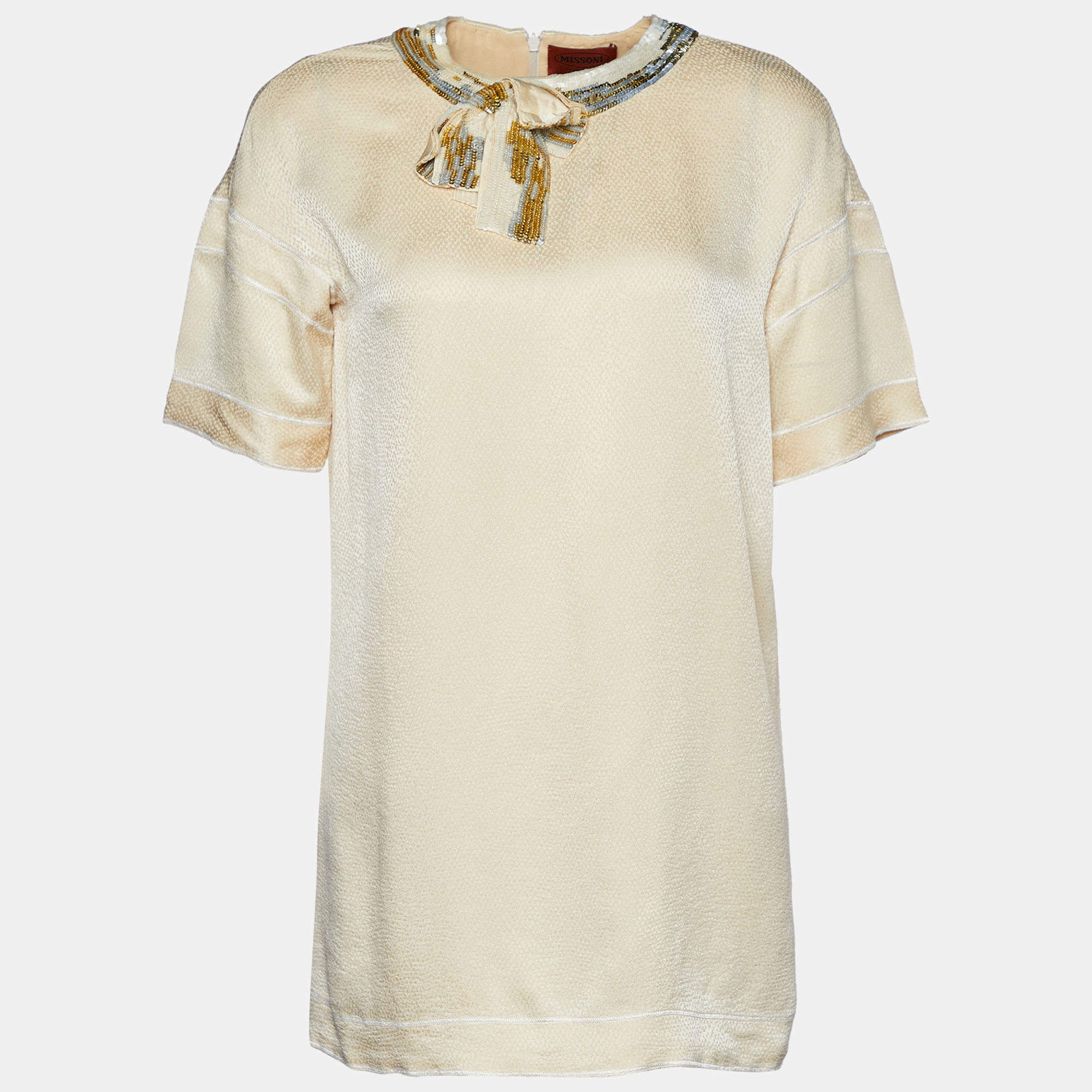 Pre Owned Missoni Cream Patterned Silk Sequin Bow Detail Top S