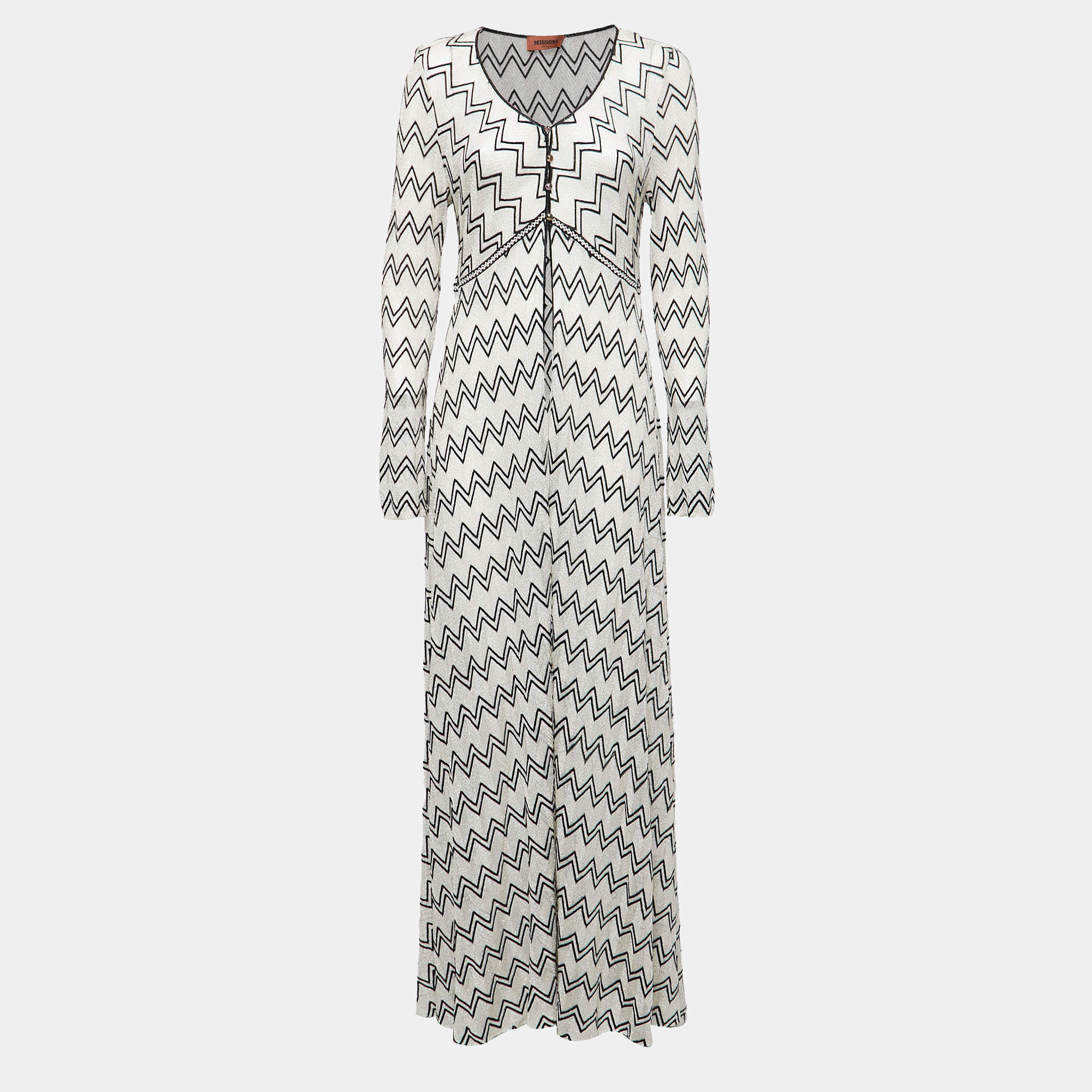 Missoni White Metallic Chevron Patterned Knit Open Long Cardigan L