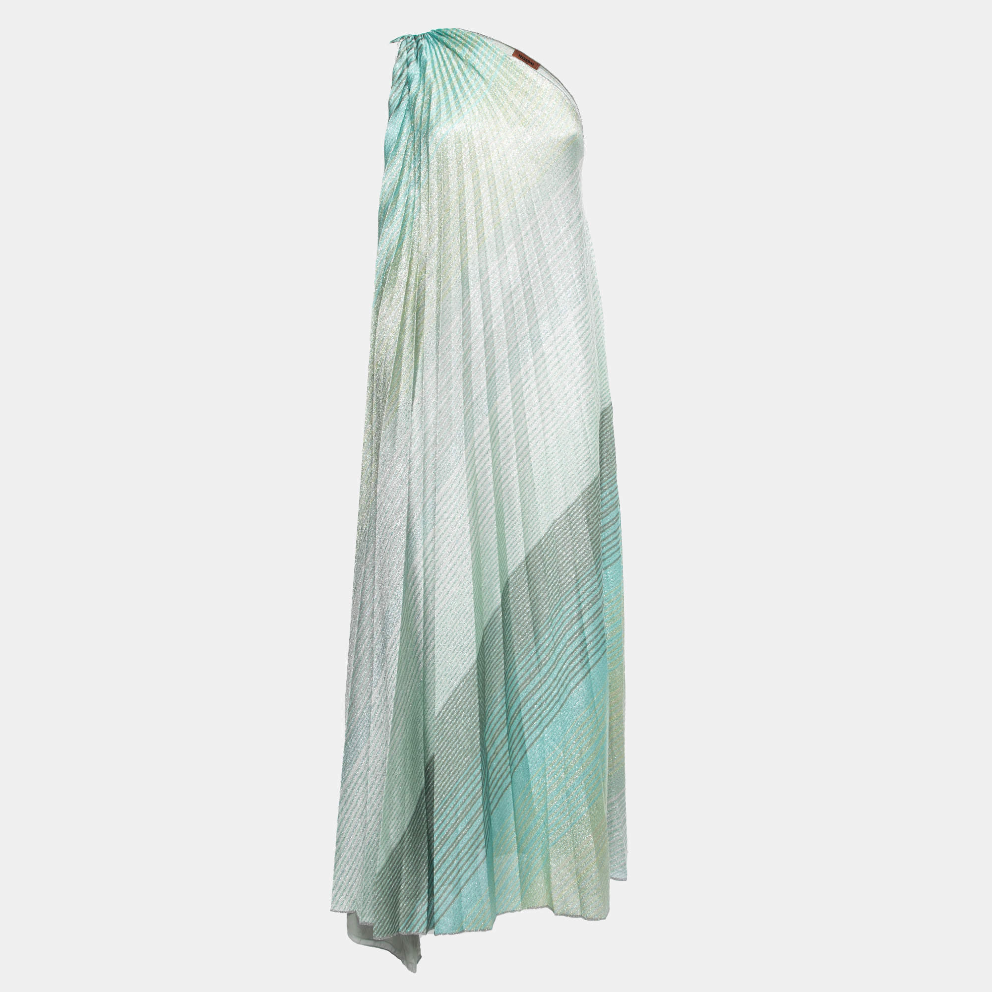 Pre Owned Missoni Blue/Green Lurex Knit One Shoulder Maxi Dress S