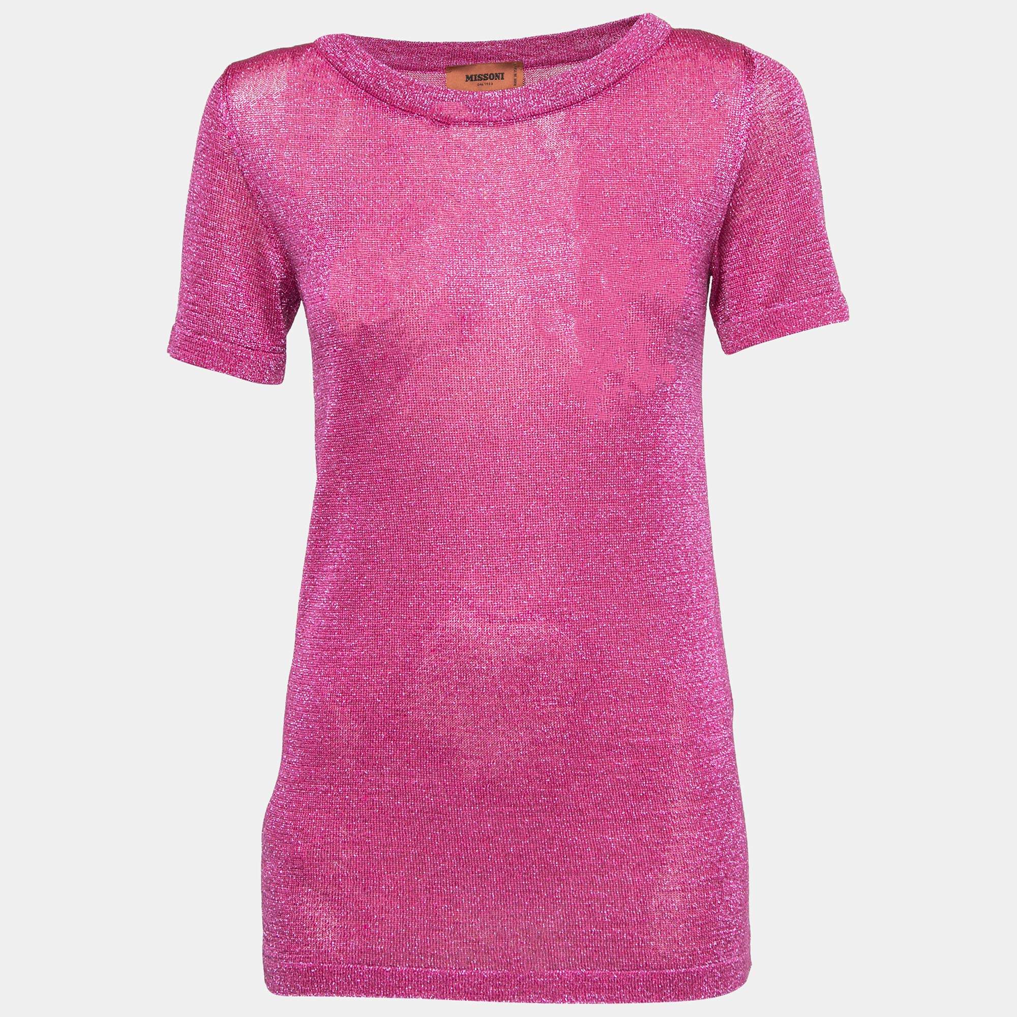 Pre Owned Missoni Pink Lurex Knit Short Sleeve Vanise Lamé Top S