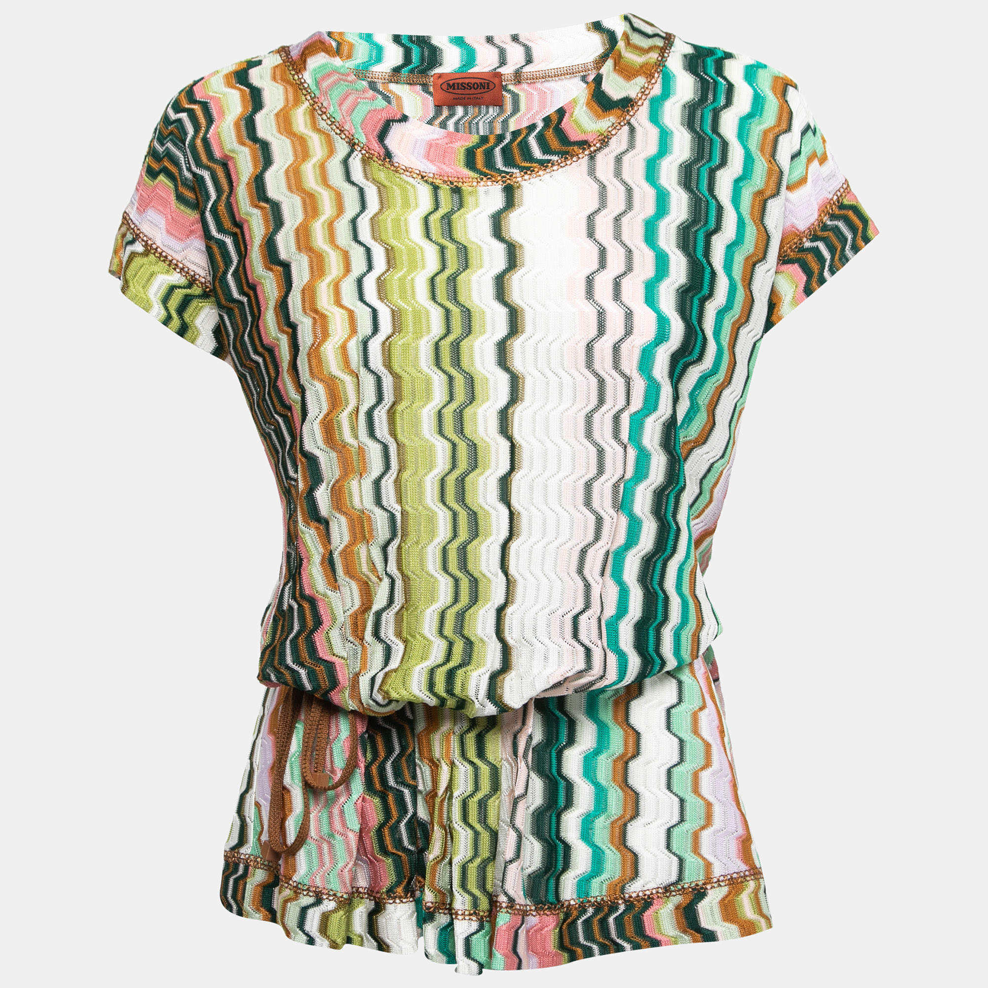 Pre Owned Missoni Multicolor Patterned Knit Tied Waist Cap Sleeve Top S