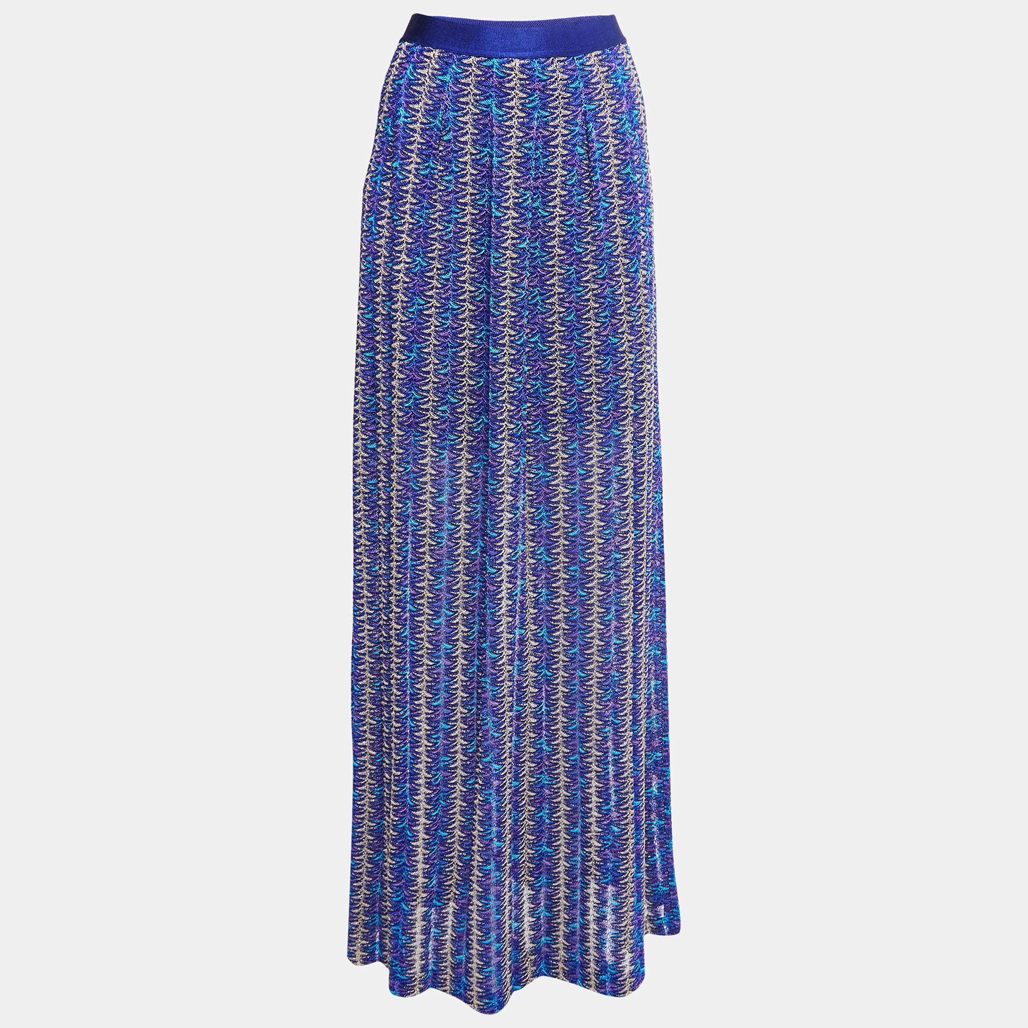 Pre Owned Missoni Blue Patterned Crochet Lurex Knit Maxi Skirt M