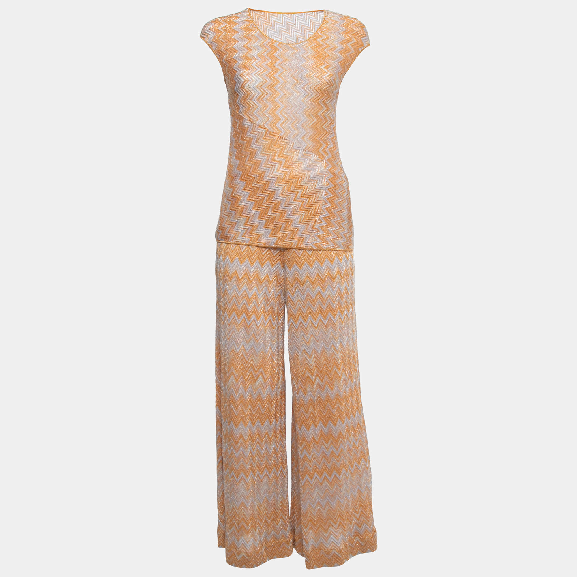 Pre Owned Missoni Orange Chevron Lurex Knit Pant Top Set S