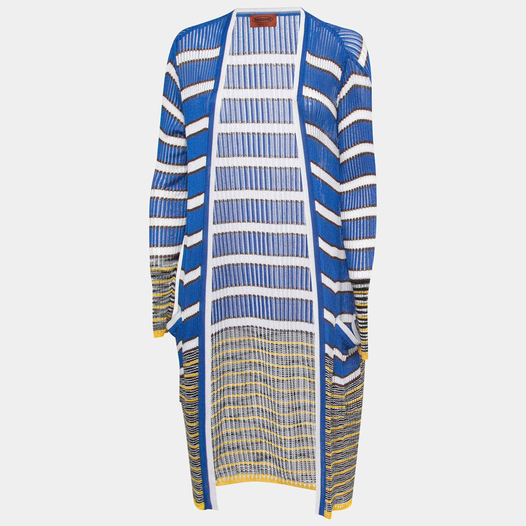 Pre Owned Missoni Blue/Multicolor Striped Patterned Ribbed Knit Open Cardigan L