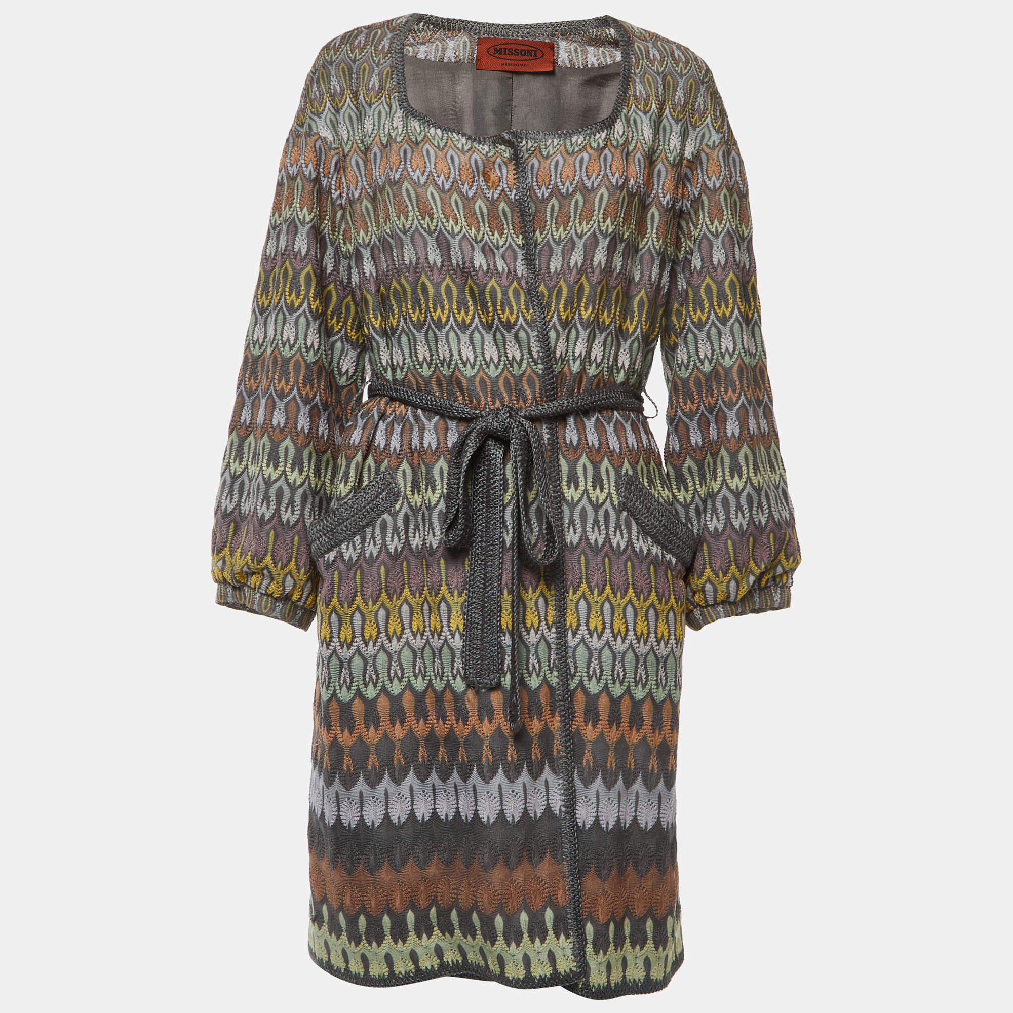 Pre Owned Missoni Multicolor Patterned Knit Belted Long Cardigan M