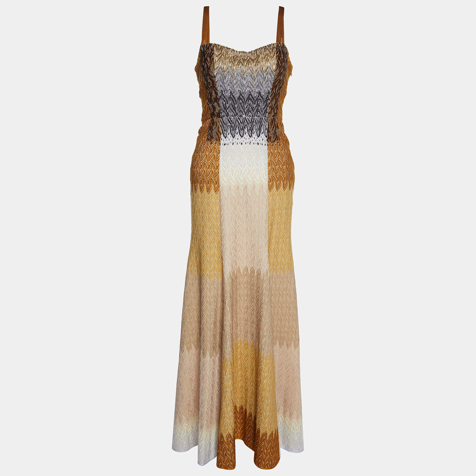 Missoni Brown Patterned Knit Embellished Strap Sleeve Gown S