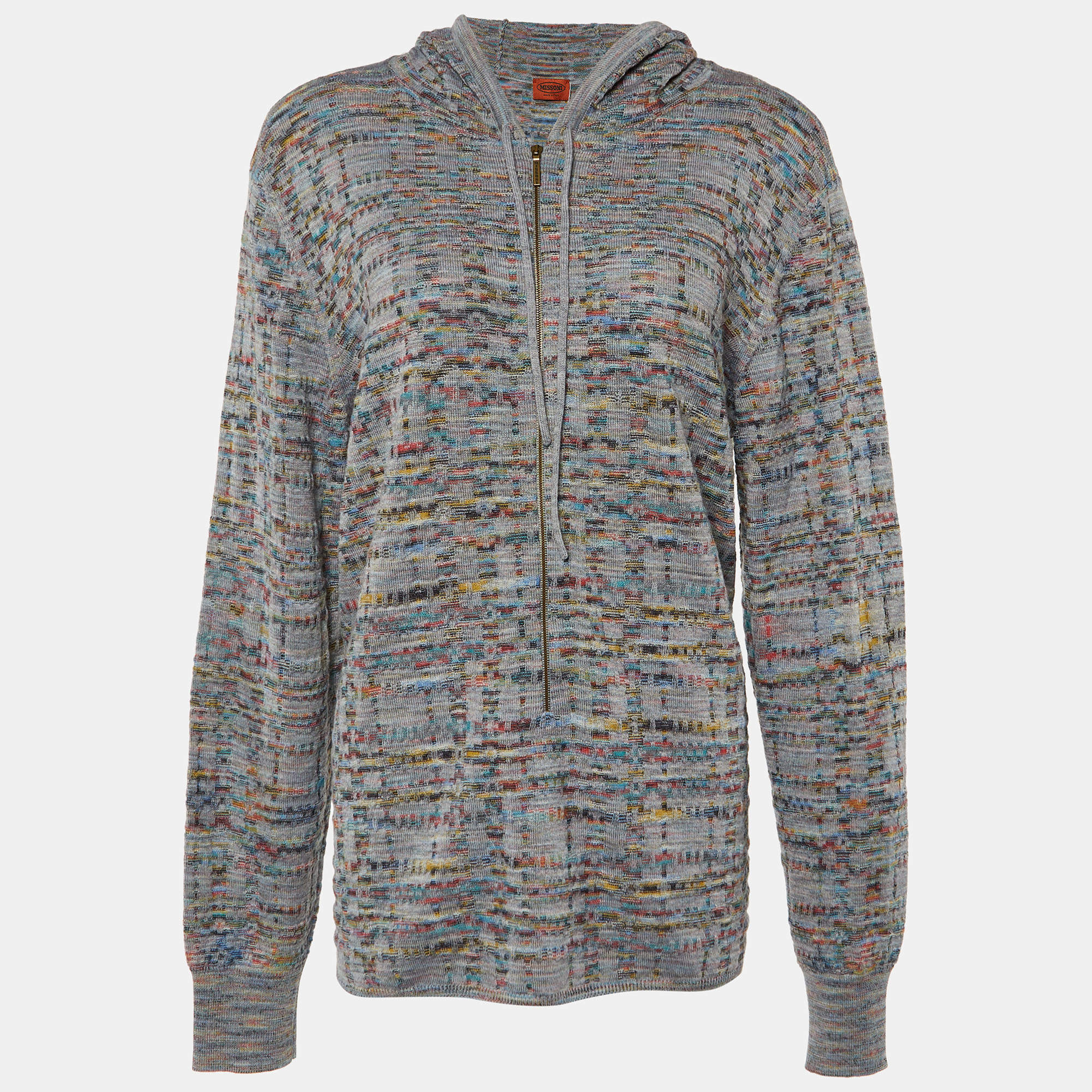 Missoni Grey Patterned Wool Knit Zip Front Jacket XL