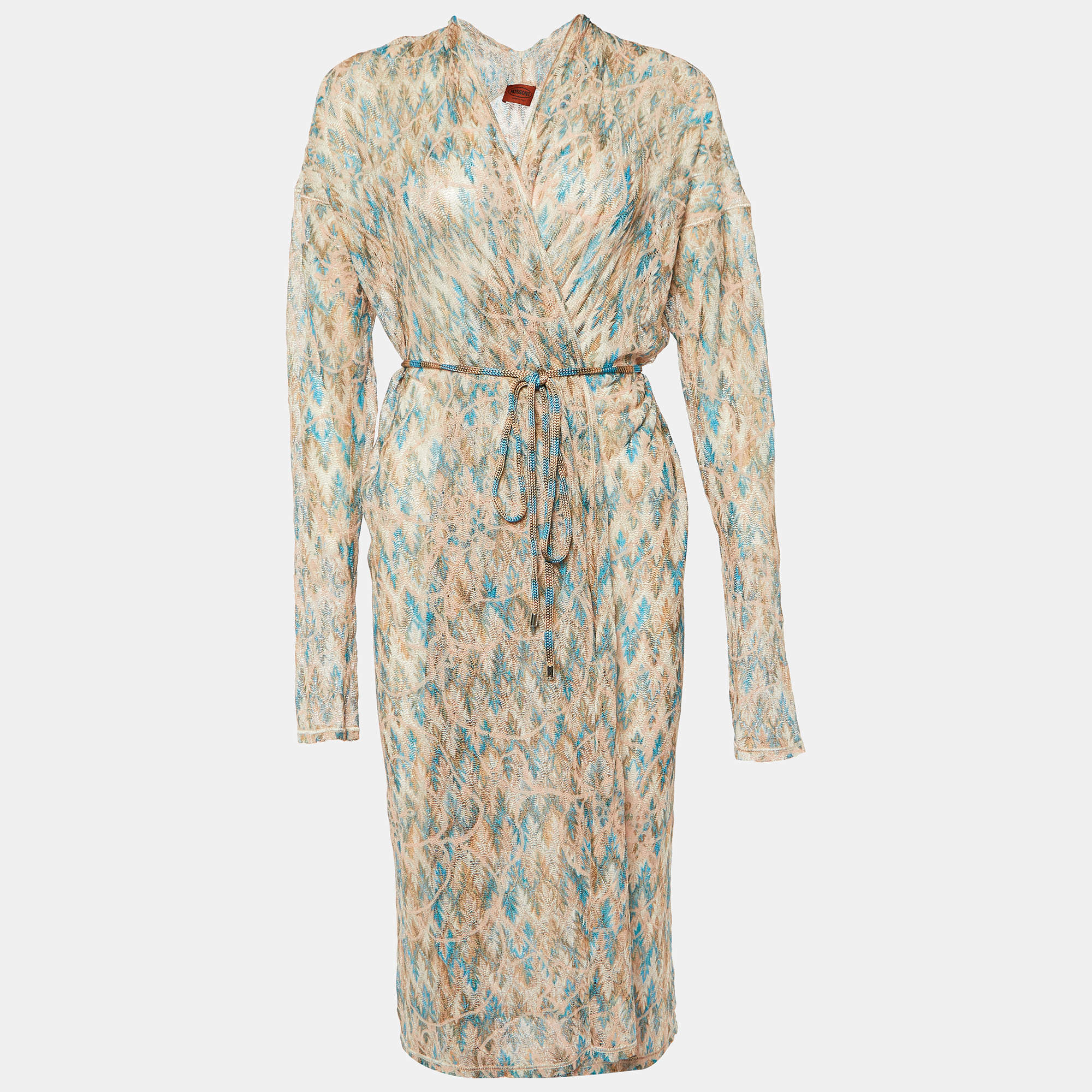 Missoni Multicolor patterned Knit Open Front Belted Long Cardigan L