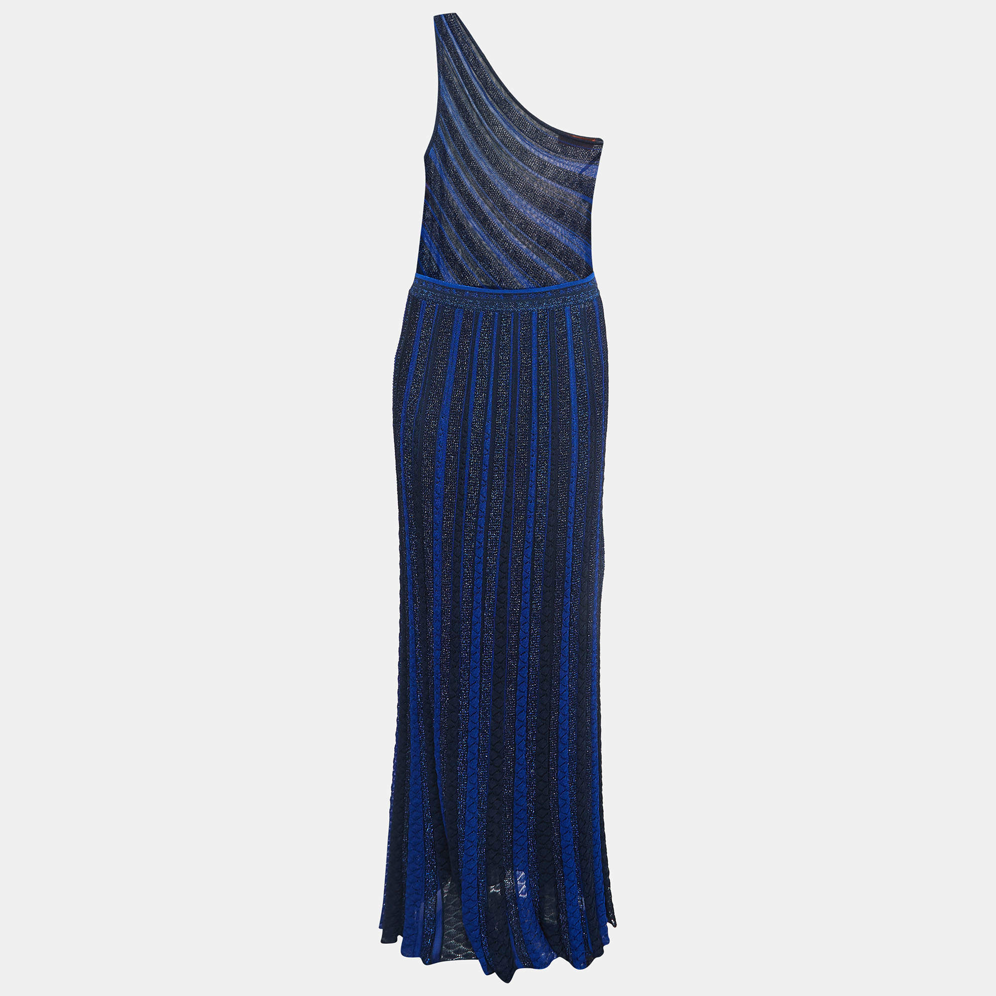Pre Owned Missoni Navy Blue Striped Lurex Knit One Shoulder Maxi Dress L