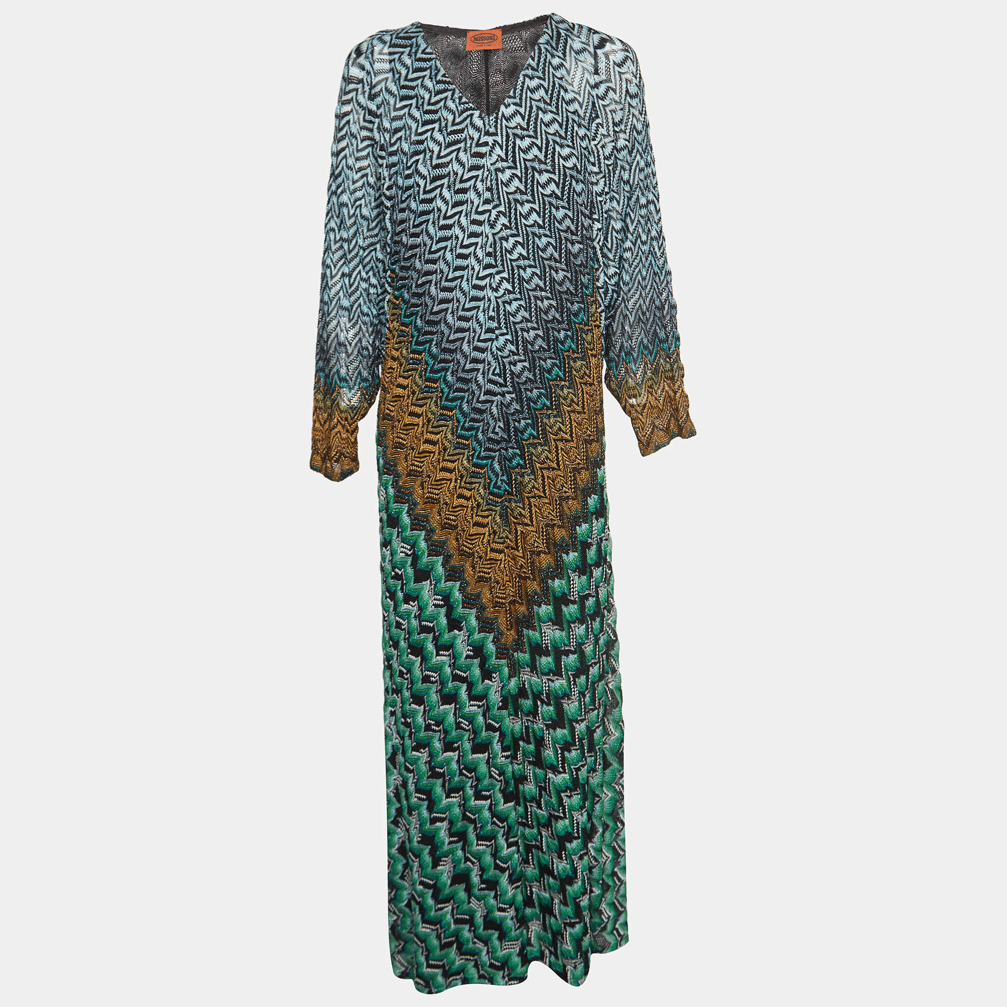 Pre Owned Missoni Multicolor Chevron Pattern Knit Maxi Kaftan Dress L