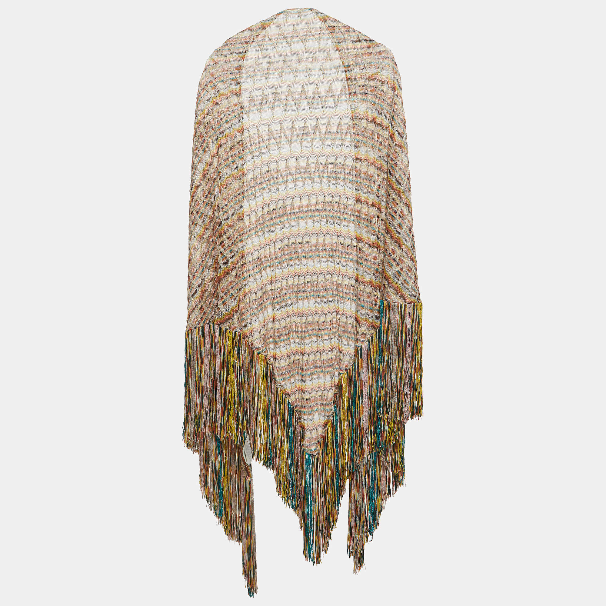 Pre Owned Missoni Multicolor Chevron Knit Fringed Open-Front Poncho One Size