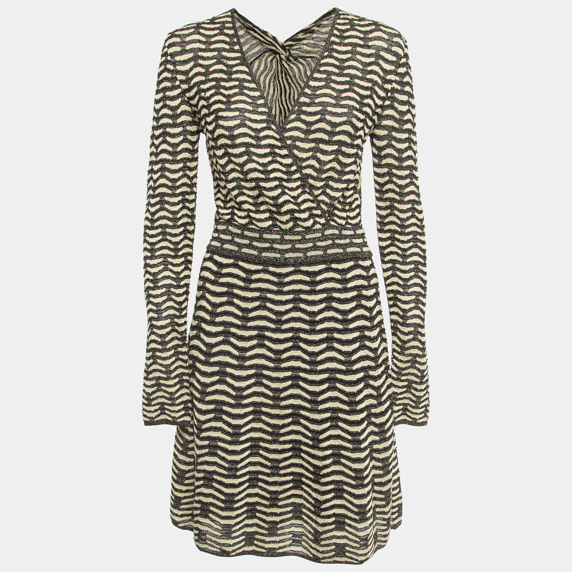 Pre Owned Missoni Cream/Black Chevron Pattern Metallized Knit V-Neck Mini Dress M