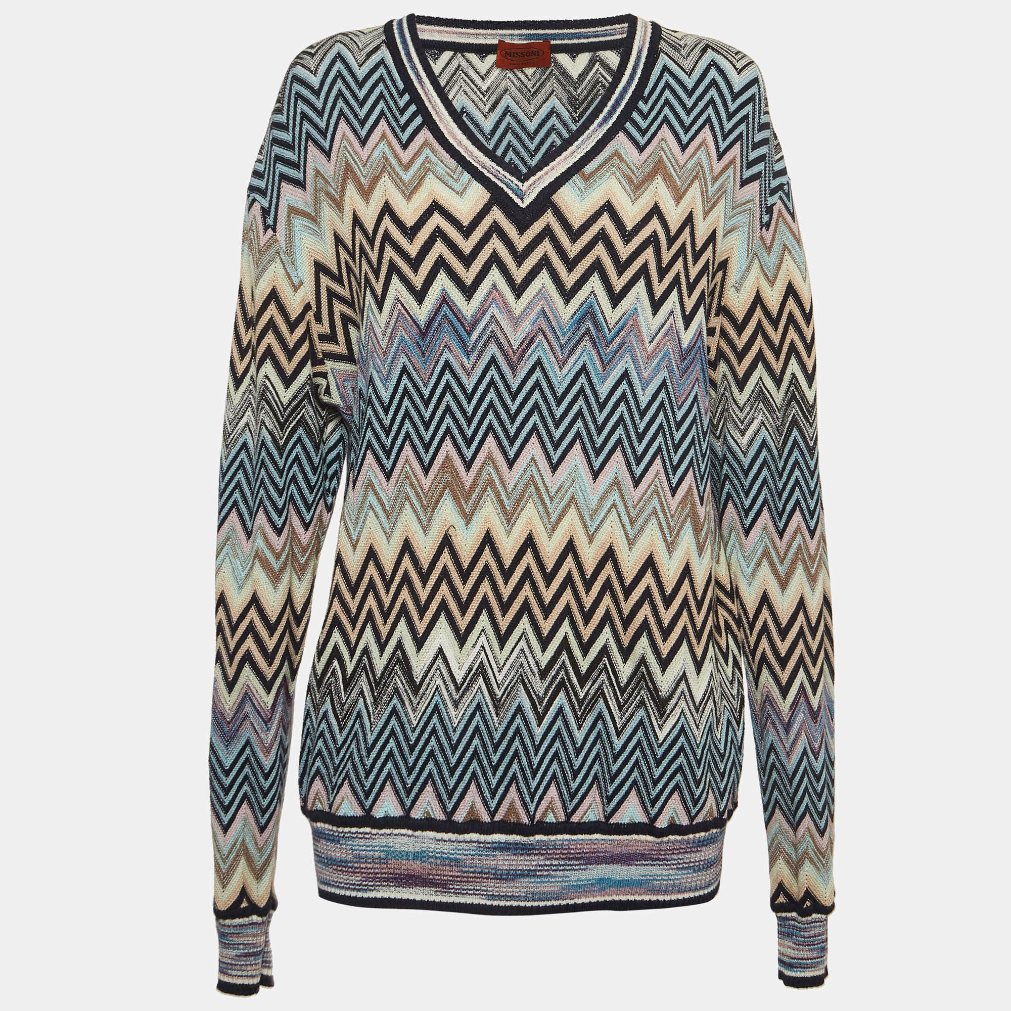 Pre Owned Missoni Multicolor Chevron Knit V-Neck Sweater XXL