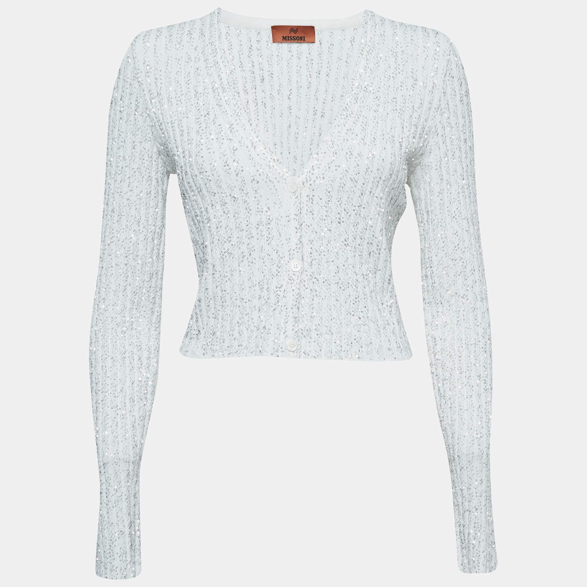 Missoni White Sequined Knit Cardigan IT 46