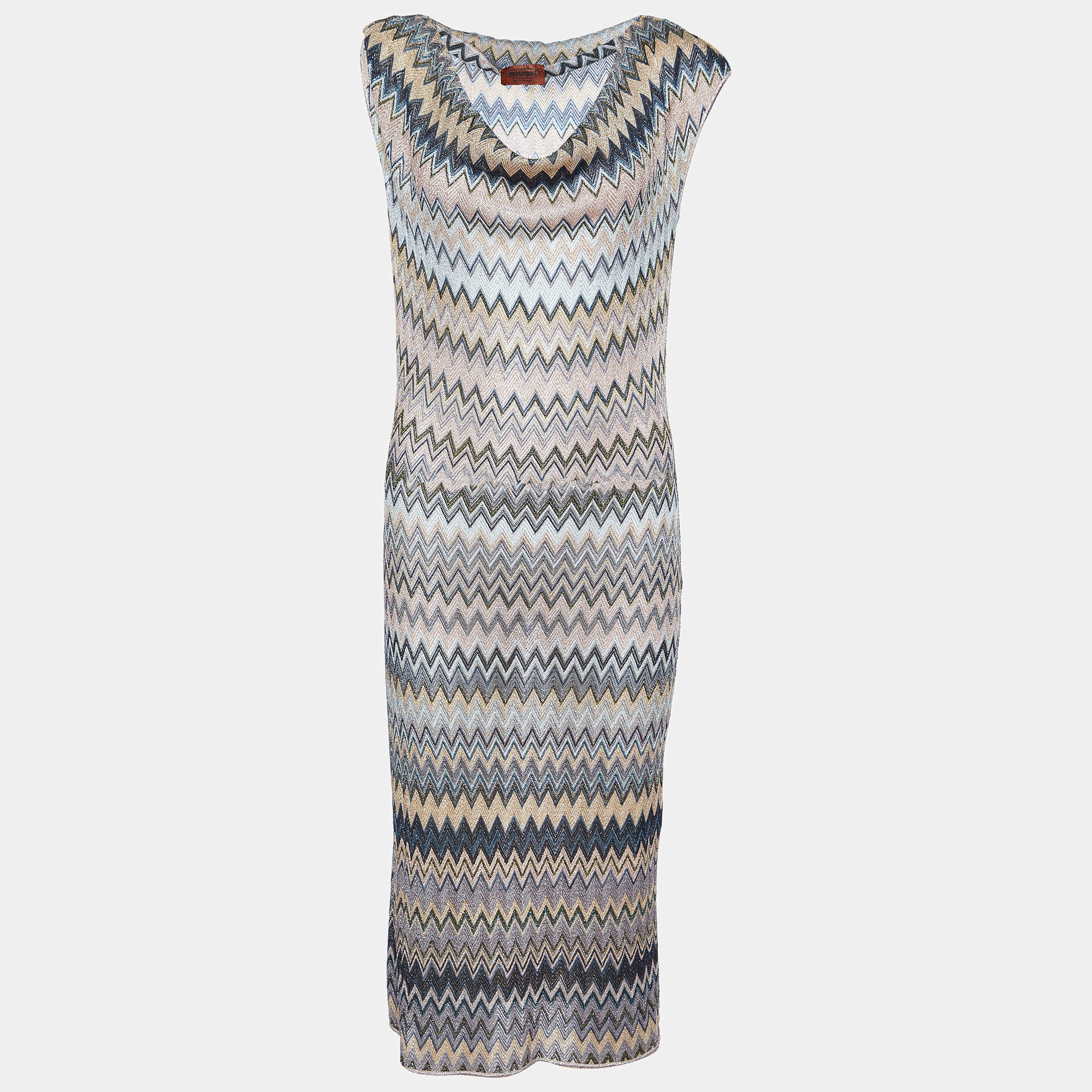 Pre Owned Missoni Multicolor Chevron Lurex Knit Cowl Neck Midi Dress M