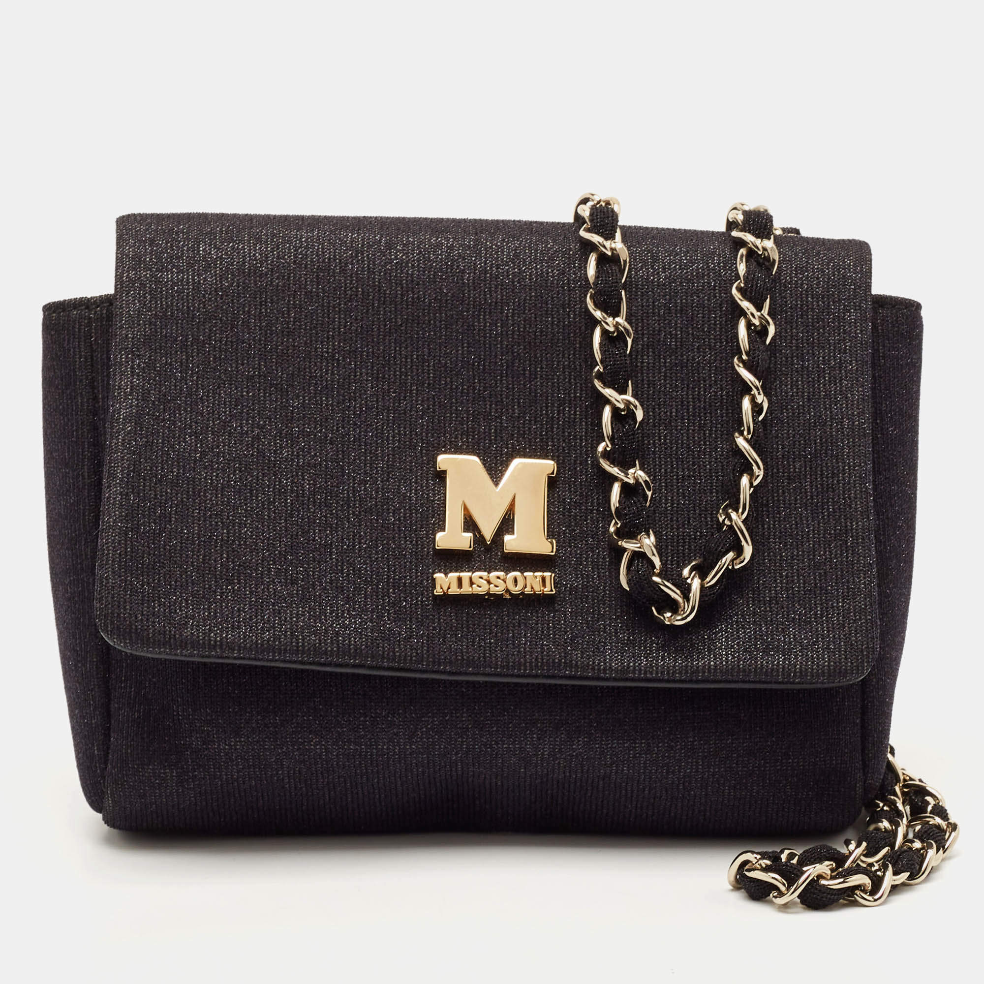Pre Owned Missoni Black Fabric Logo Flap Shoulder Bag