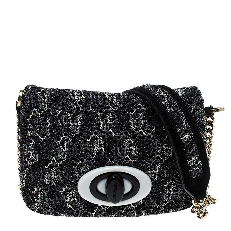 Pre Owned Missoni Metallic Crochet Fabric and Suede Crossbody Bag