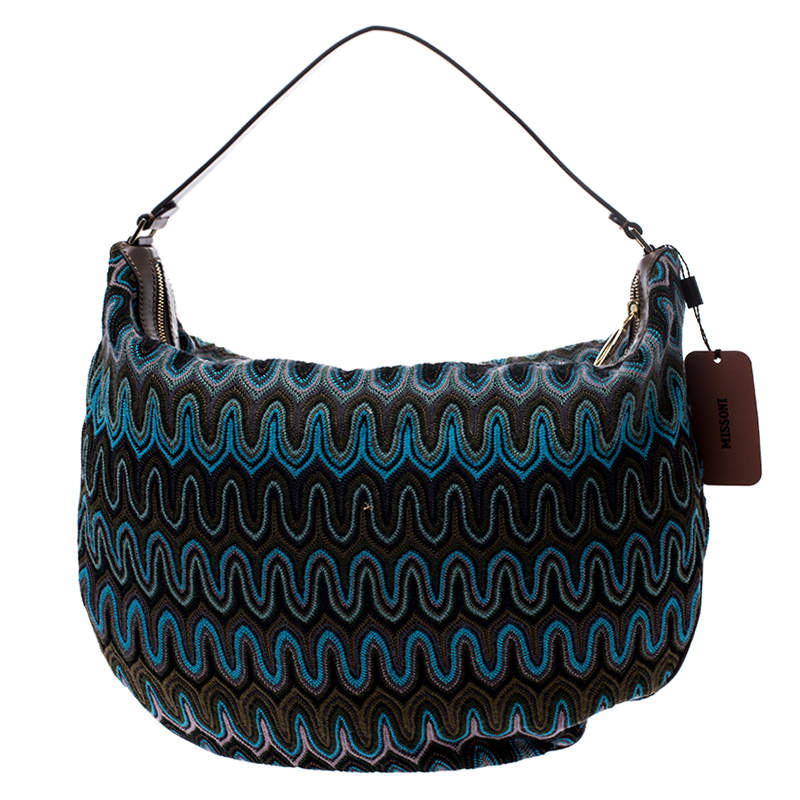 Pre Owned Missoni Green/Multicolor Fabric and Leather Weave Hobo