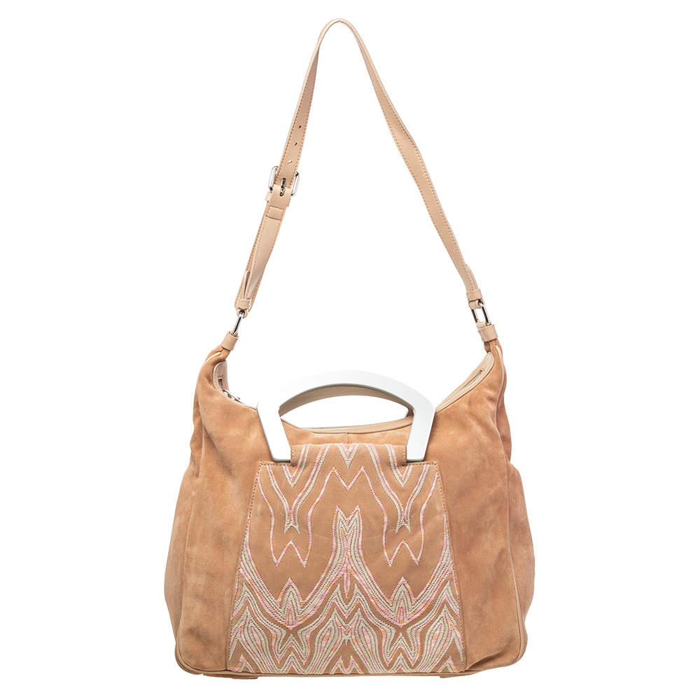 Pre Owned Missoni Beige Embroidered Suede And Leather Top Handle Bag
