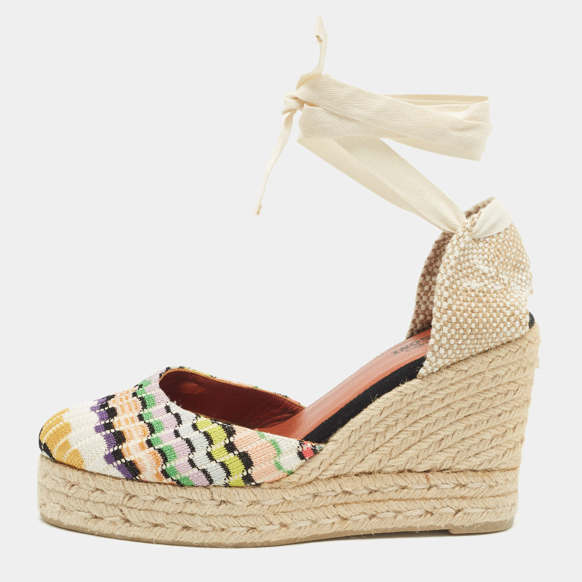 Pre Owned Missoni Multicolor Canvas and Knit Fabric Wedge Platform Espadrille Ankle Wrap Sandals Size 40