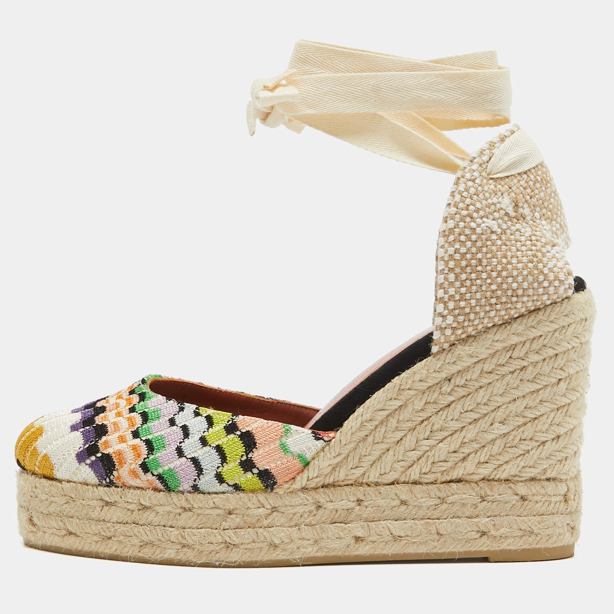 Missoni Multicolor Fabric Raffia Wedge Espadrilles Sandals Size 37