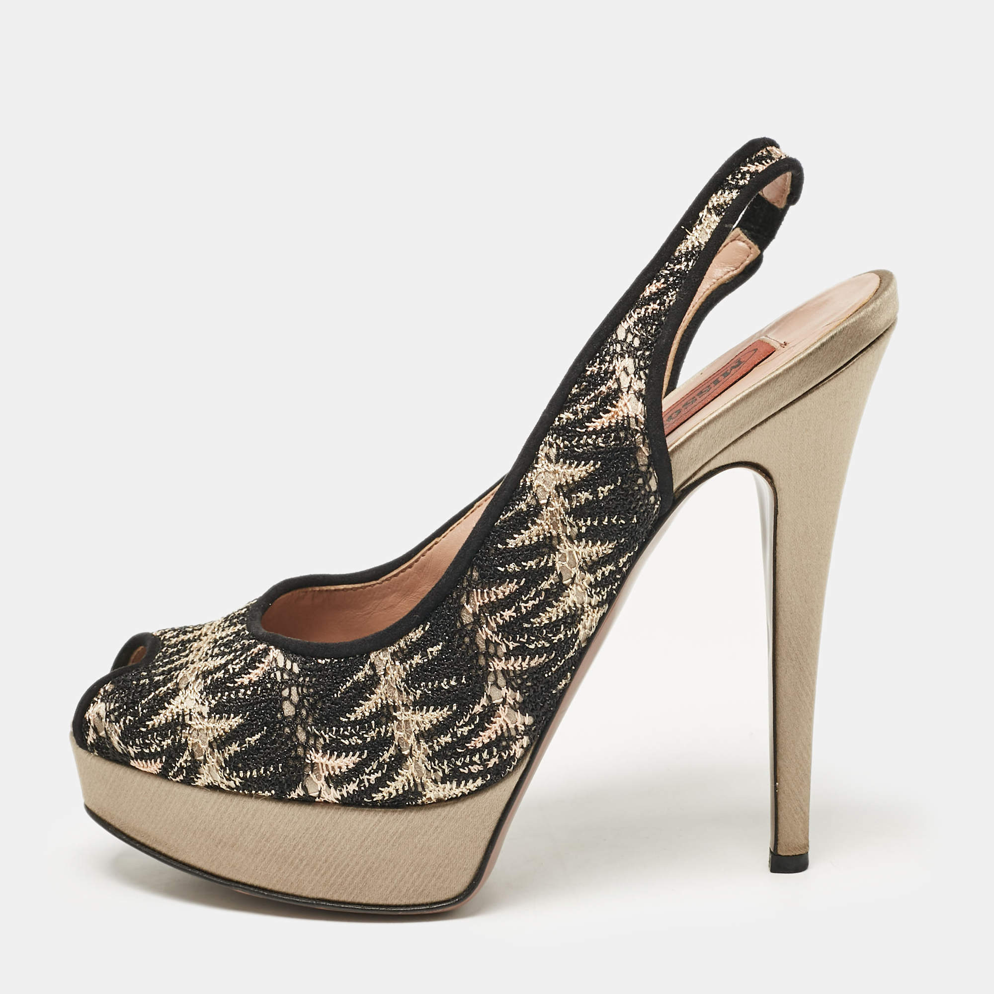 Missoni Black/Grey Lace and Satin Peep Toe Platform Slingback Pumps Size 38