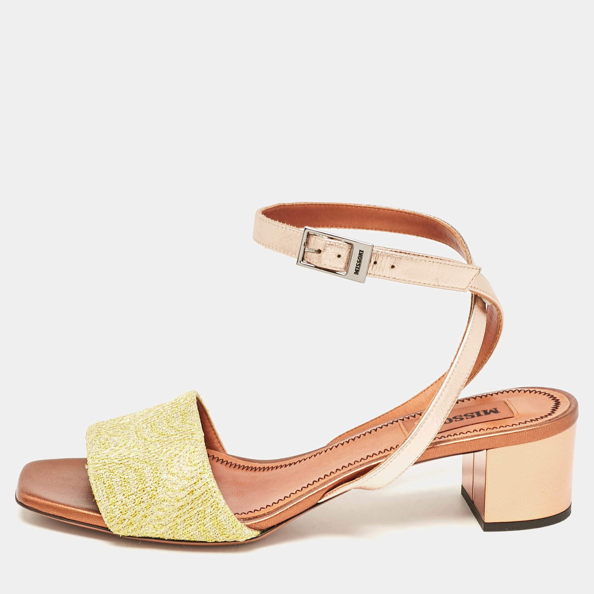 Pre Owned Missoni Gold/Yellow Leather and Lurex Fabric Ankle Strap Sandals Size 38