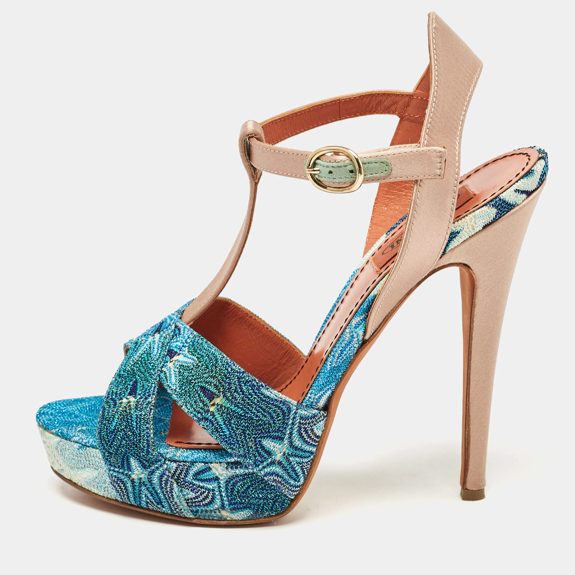 Missoni Blue/Brown Knit Fabric and Leather T-Strap Platform Sandals Size 39