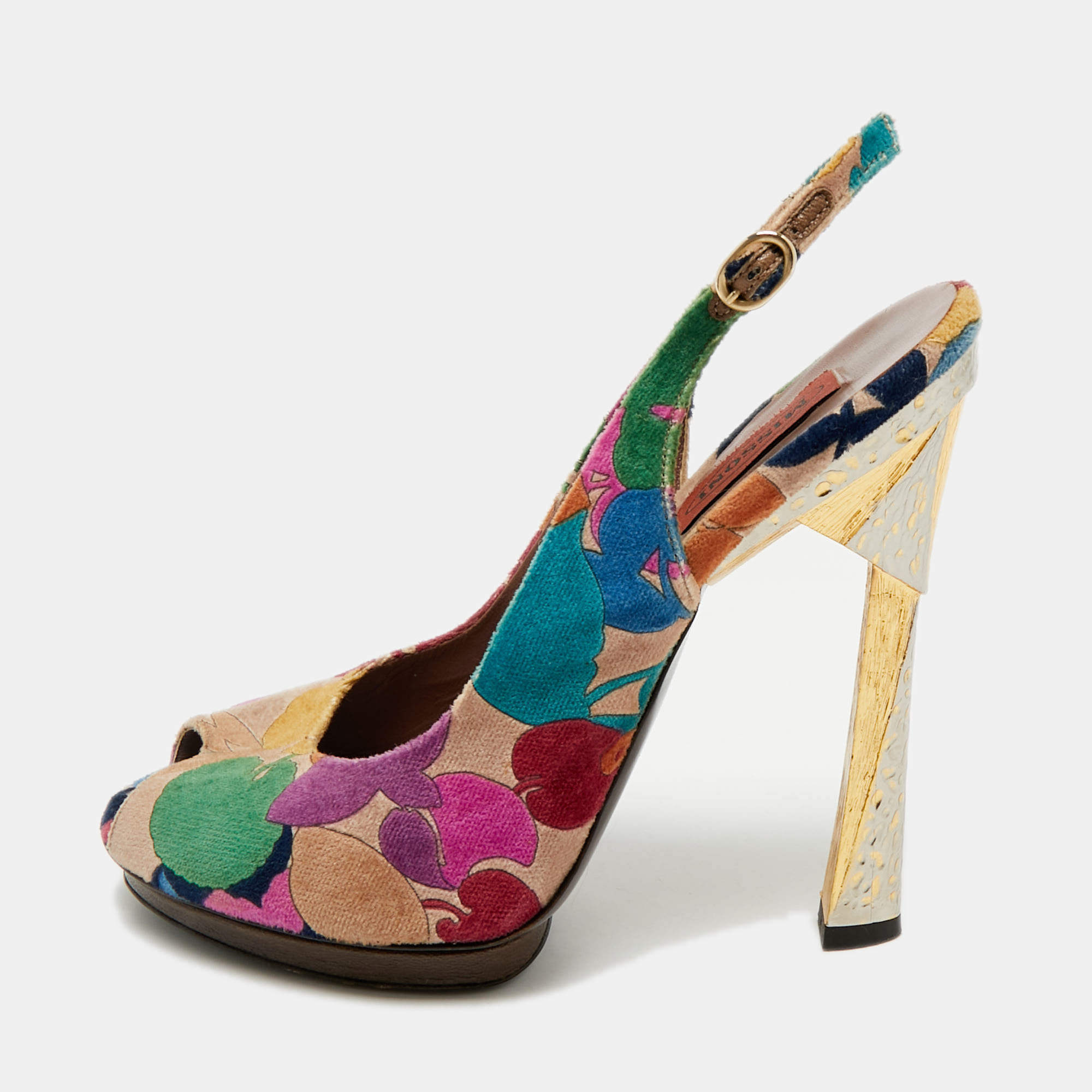 Pre Owned Missoni Multicolor Velvet Peep Toe Slingback Sandals Size 39.5