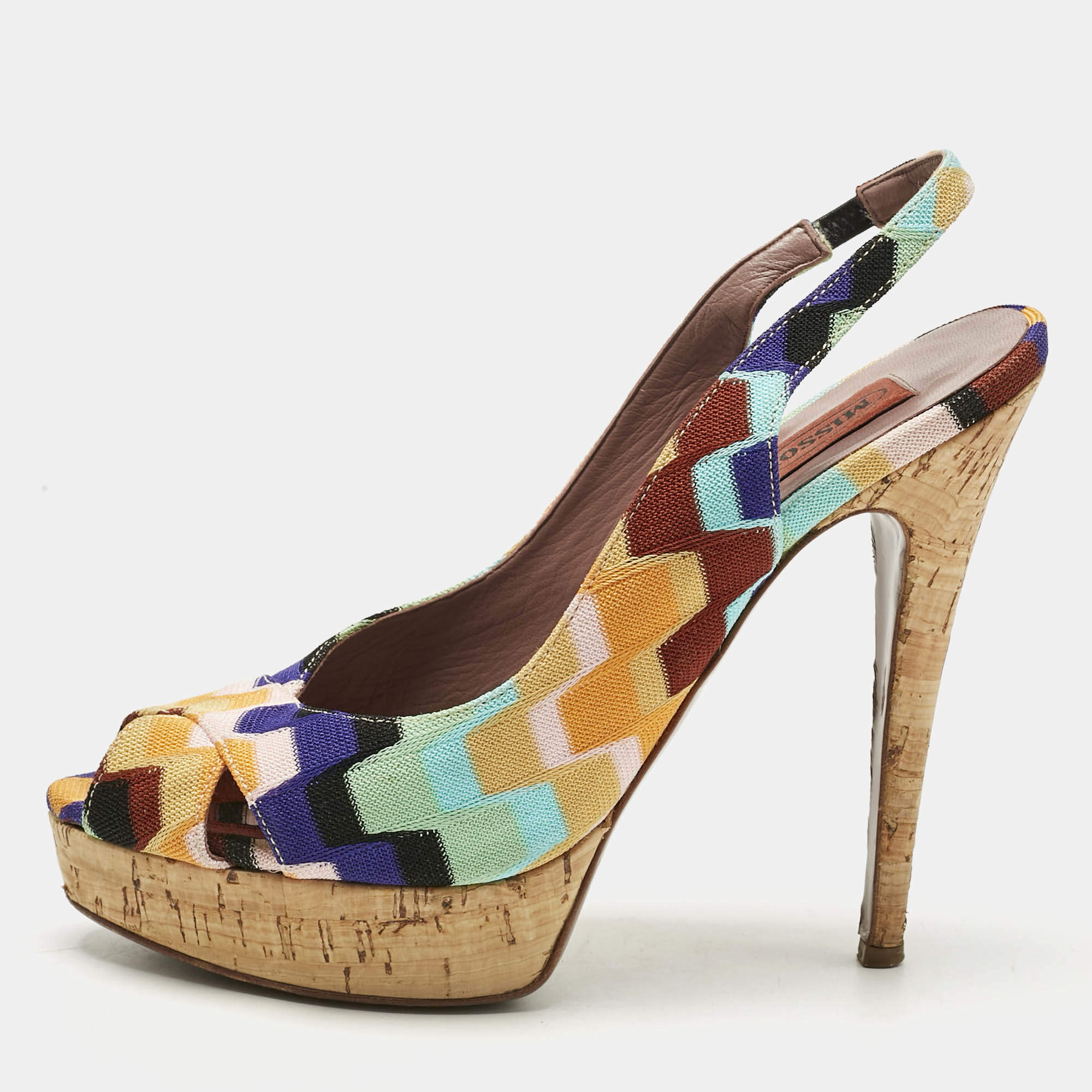 Pre Owned Missoni Multicolor Knit Fabric Platform Peep Toe Slingback Sandals Size 39