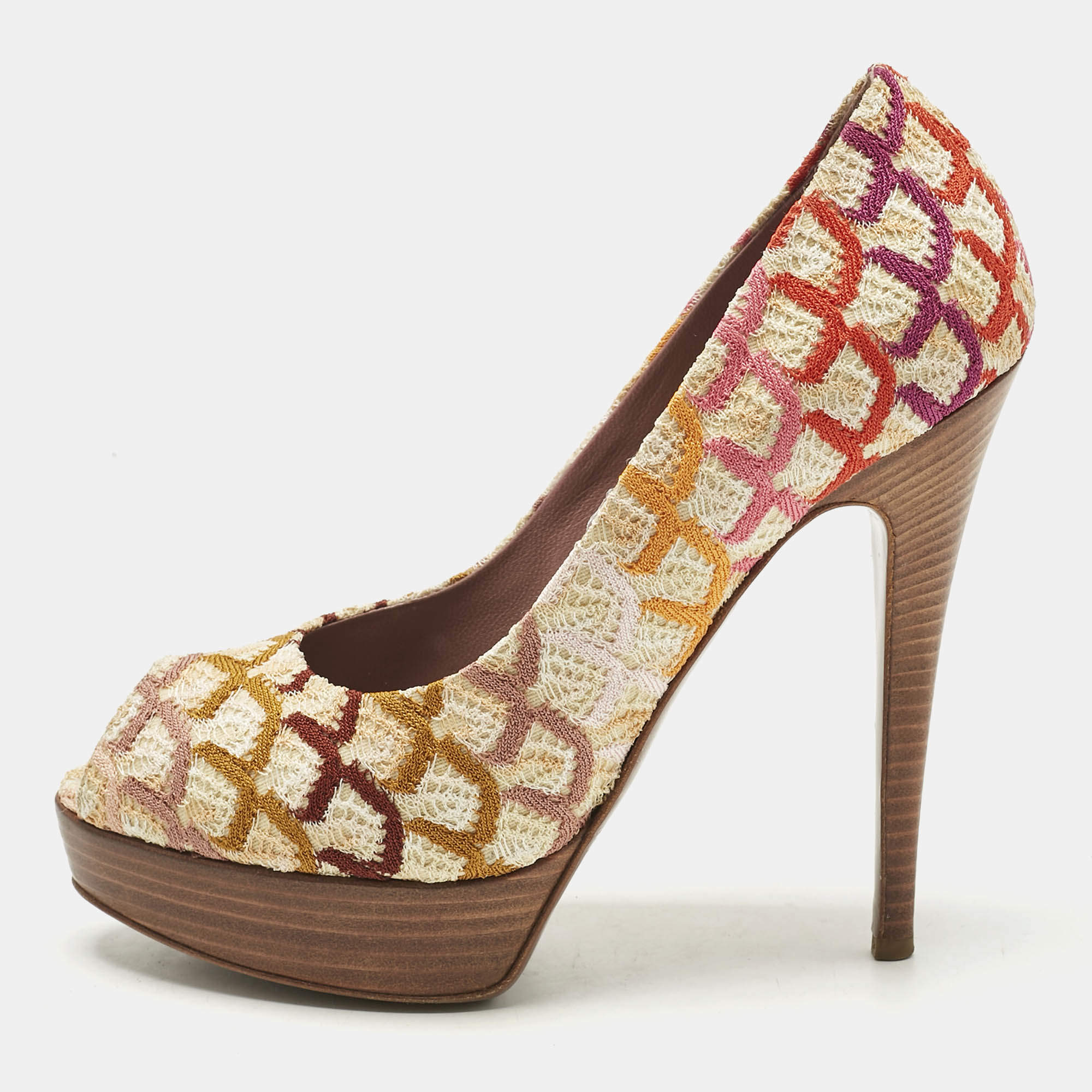 Pre Owned Missoni Multicolor Knit Fabric Platform Peep Toe Pumps Size 39
