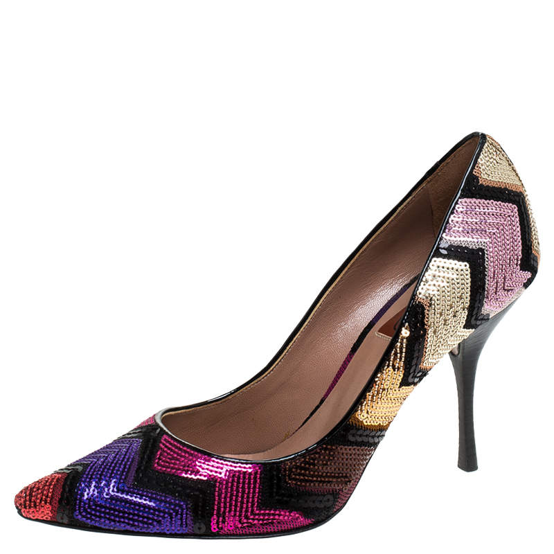 Pre Owned Missoni Multicolor Zigzag Sequins Pointed Toe Pumps Size 37.5