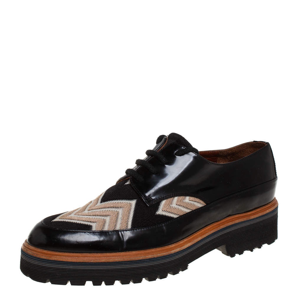 Pre Owned Missoni Black/Beige Patent Leather And Mesh Derby Size 37.5