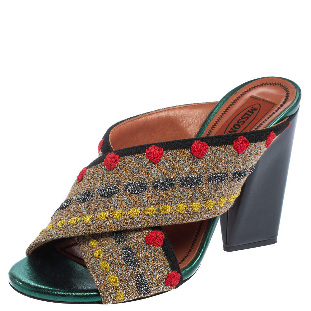 Pre Owned Missoni Multicolor Fabric And Leather Cross Strap Mule Sandals Size 37