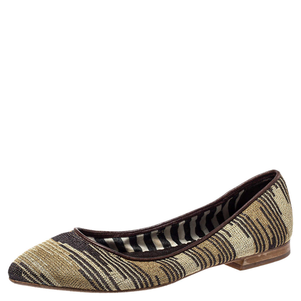 Pre Owned Missoni Metallic And Brown Fabric And Leather Ballet Flats Size 39