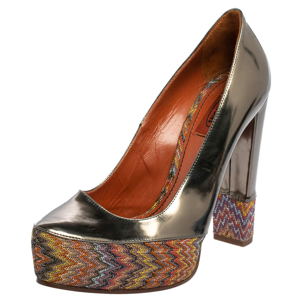 Pre Owned Missoni Multicolor Knit Fabric and Leather Block Heel Platform Pumps Size 39