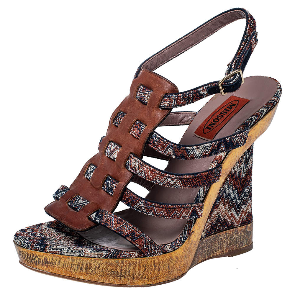 Pre Owned Missoni Multicolor Fabric and Leather Wedge Platform Sandals Size 38