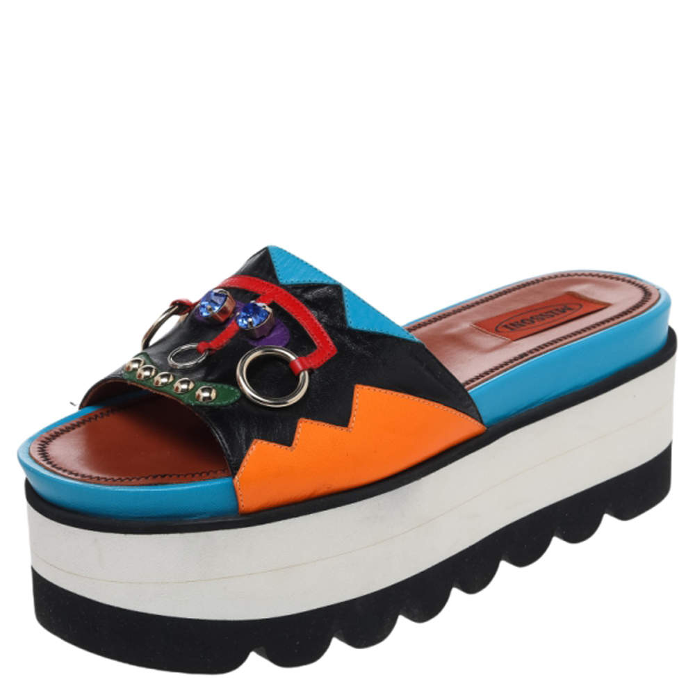 Pre Owned Missoni Multicolor Zig Zag Print Leather Platform Slides Size 36
